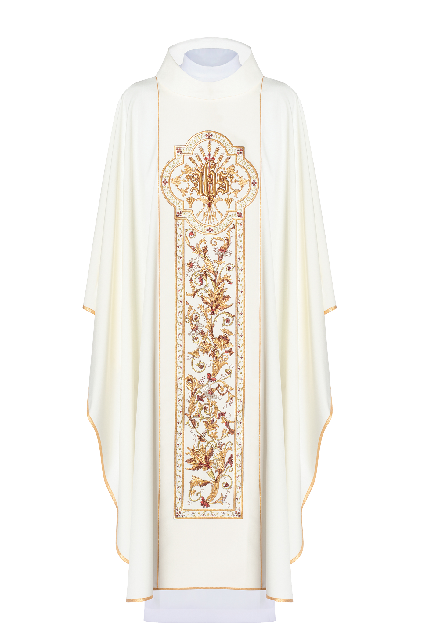 Chasuble richly adorned with IHS motif in ecru