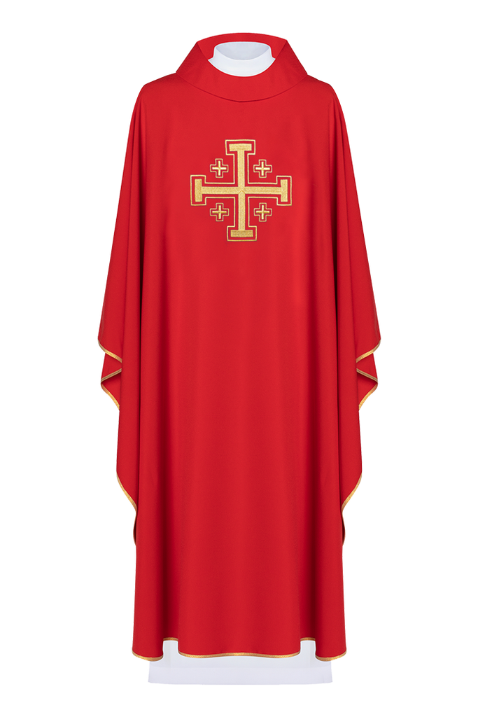 Red chasuble with embroidered Jerusalem cross