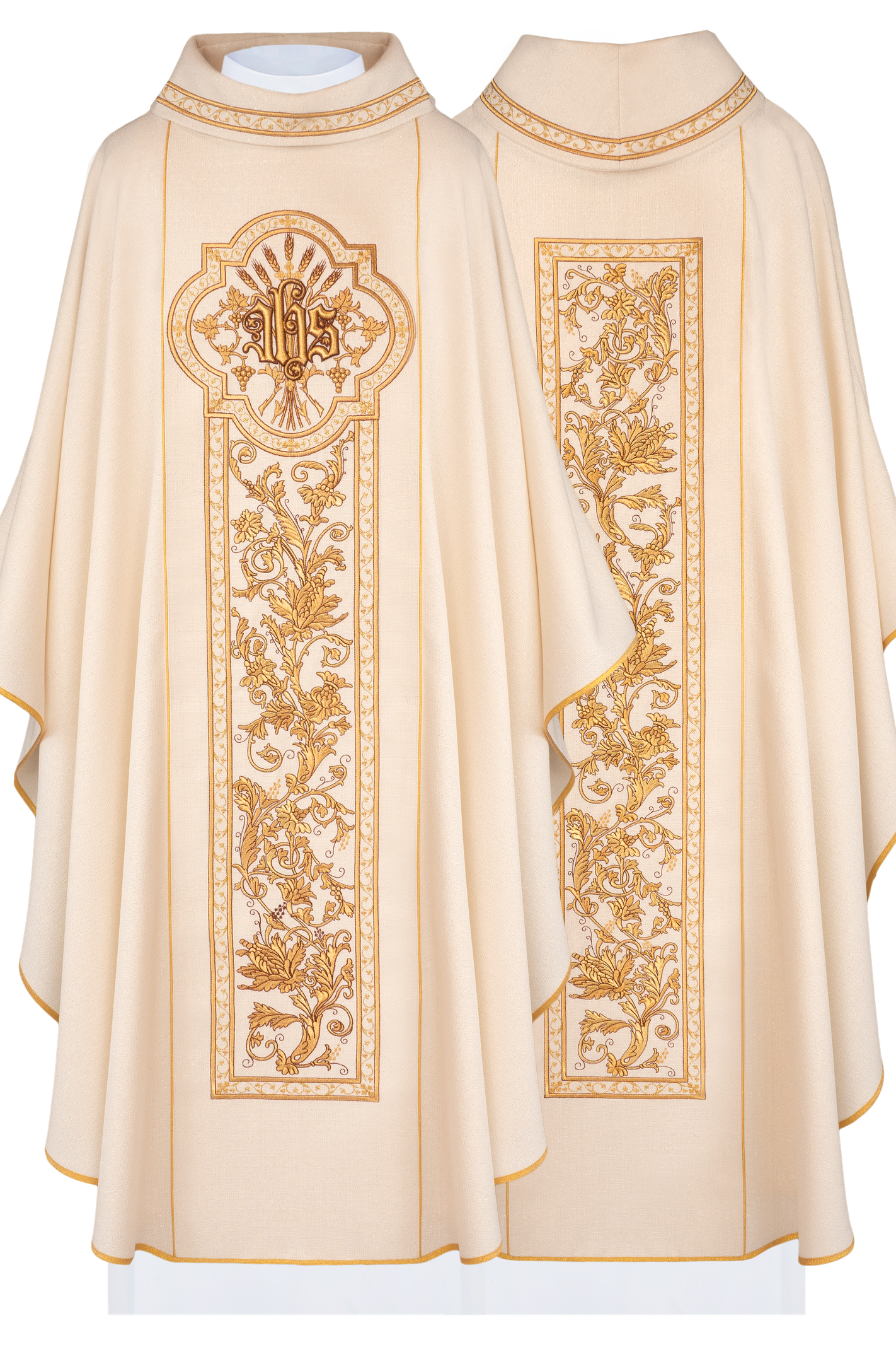 Ecru chasuble richly decorated with IHS motif