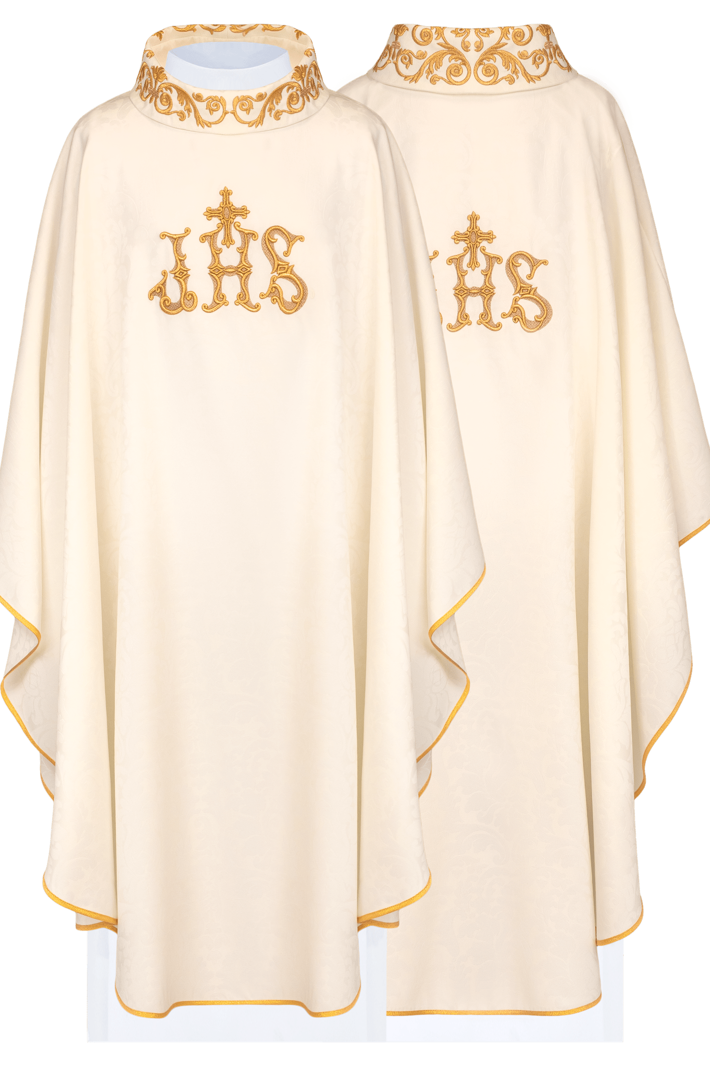 Ecru chasuble with IHS motif and richly embroidered collar