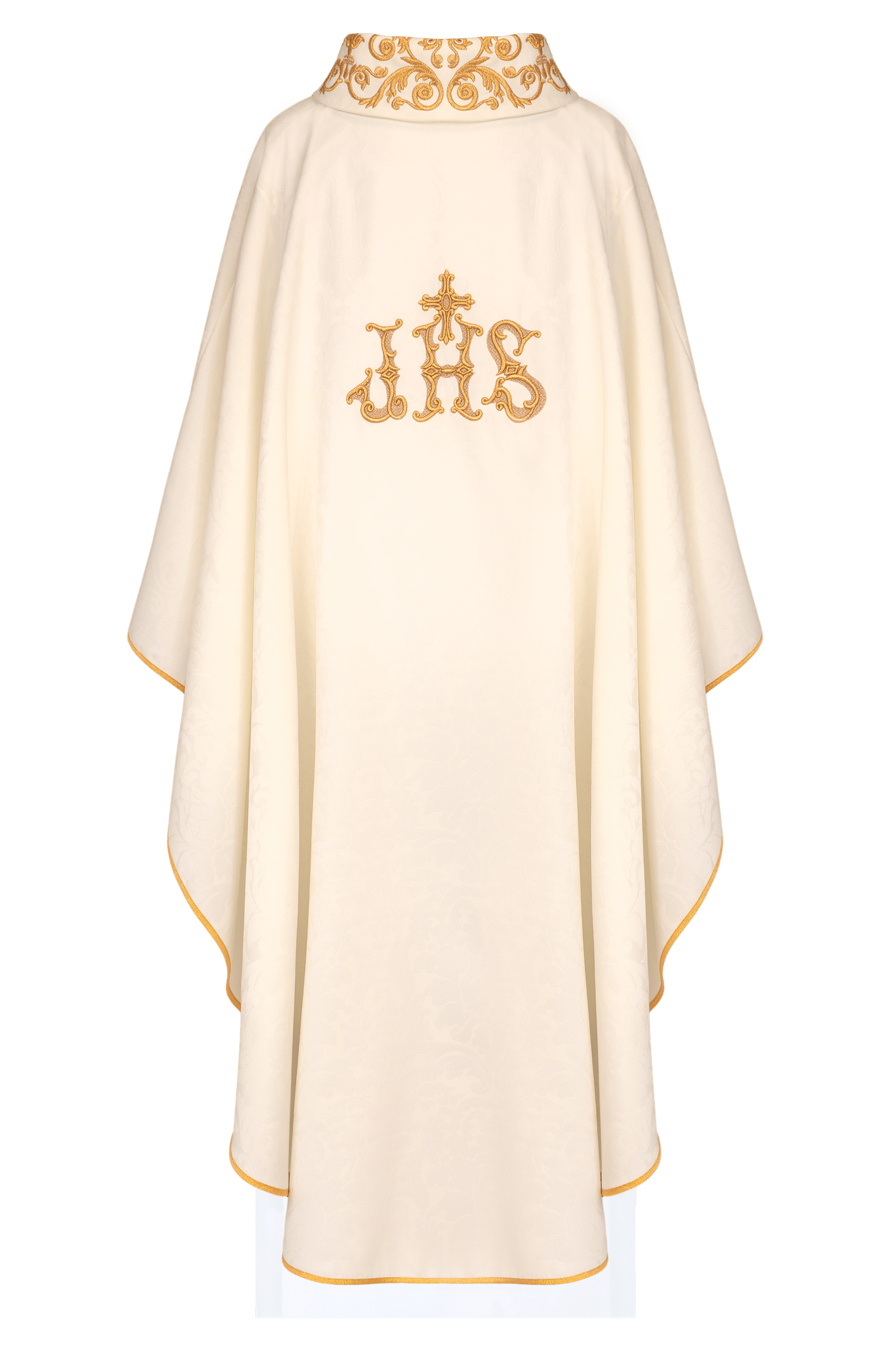 Ecru chasuble with IHS motif and richly embroidered collar