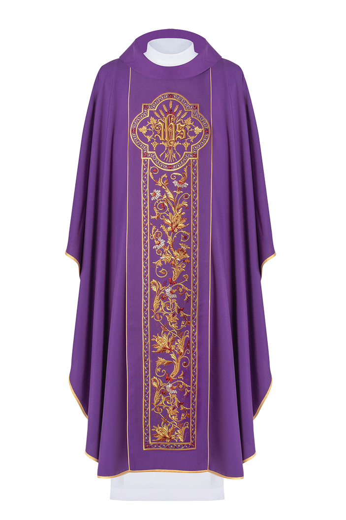 Chasuble richly embroidered with the symbol IHS in Purple