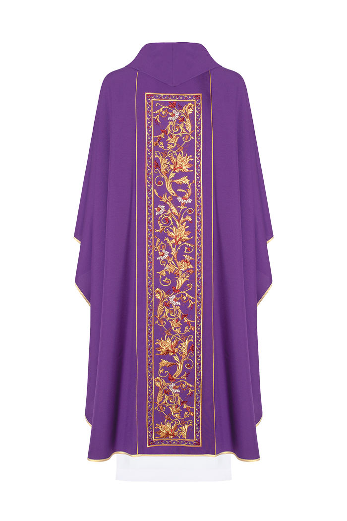 Chasuble richly embroidered with the symbol IHS in Purple