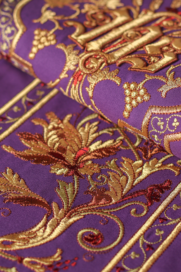 Chasuble richly embroidered with the symbol IHS in Purple