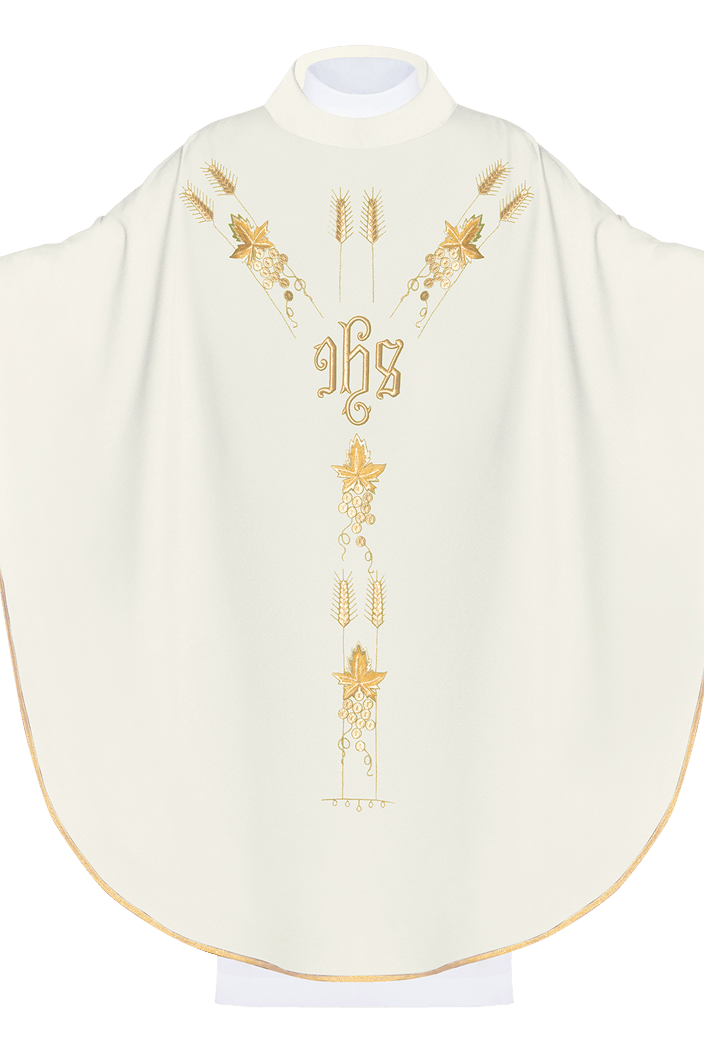 Chasuble embroidered with IHS and grape symbols in ecru