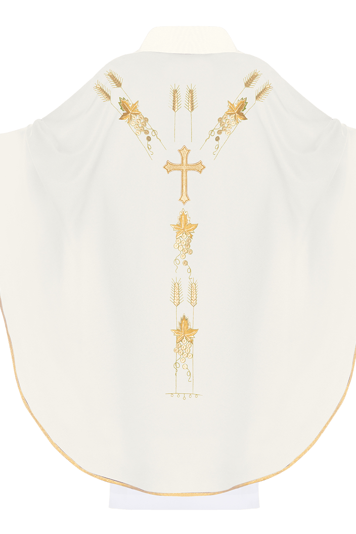 Chasuble embroidered with IHS and grape symbols in ecru