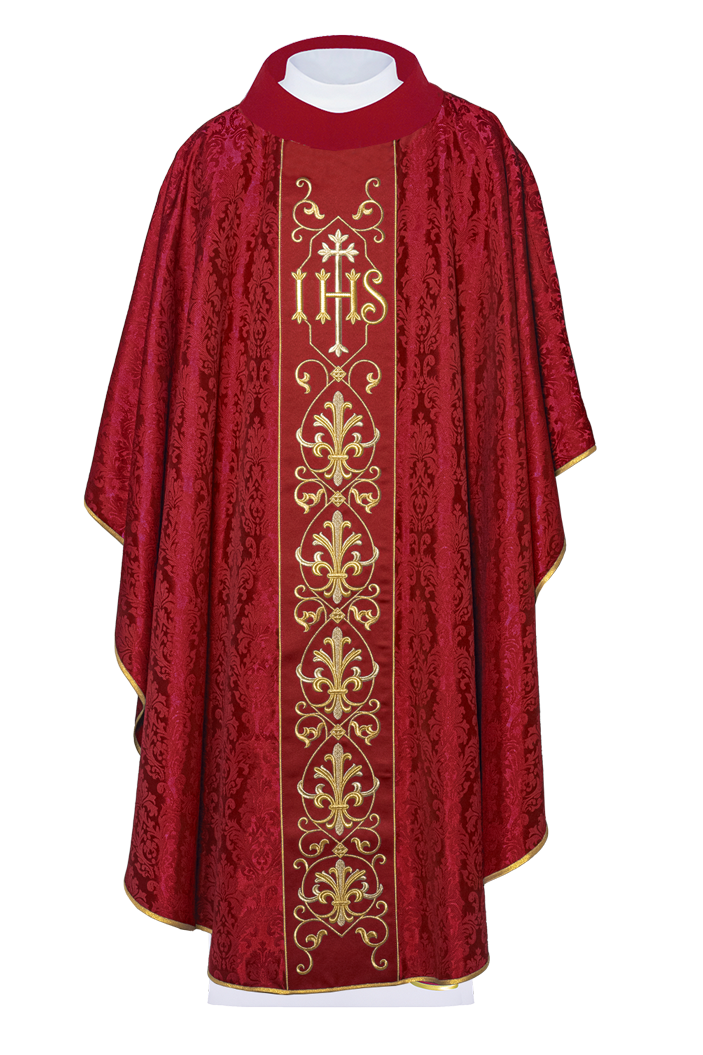 Richly embroidered red IHS chasuble