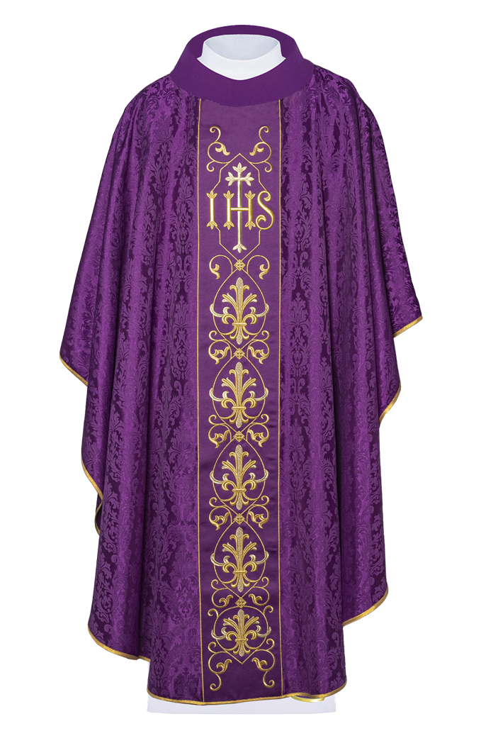 Richly embroidered purple IHS chasuble