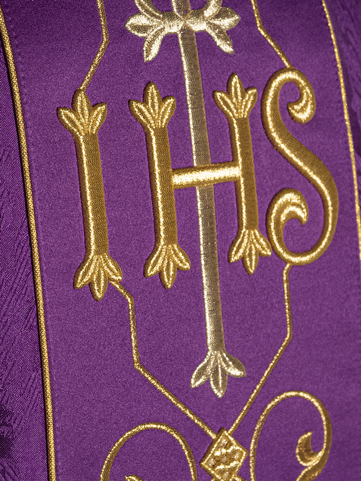 Richly embroidered purple IHS chasuble