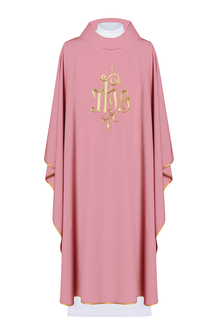 Pink chasuble with classic JHS