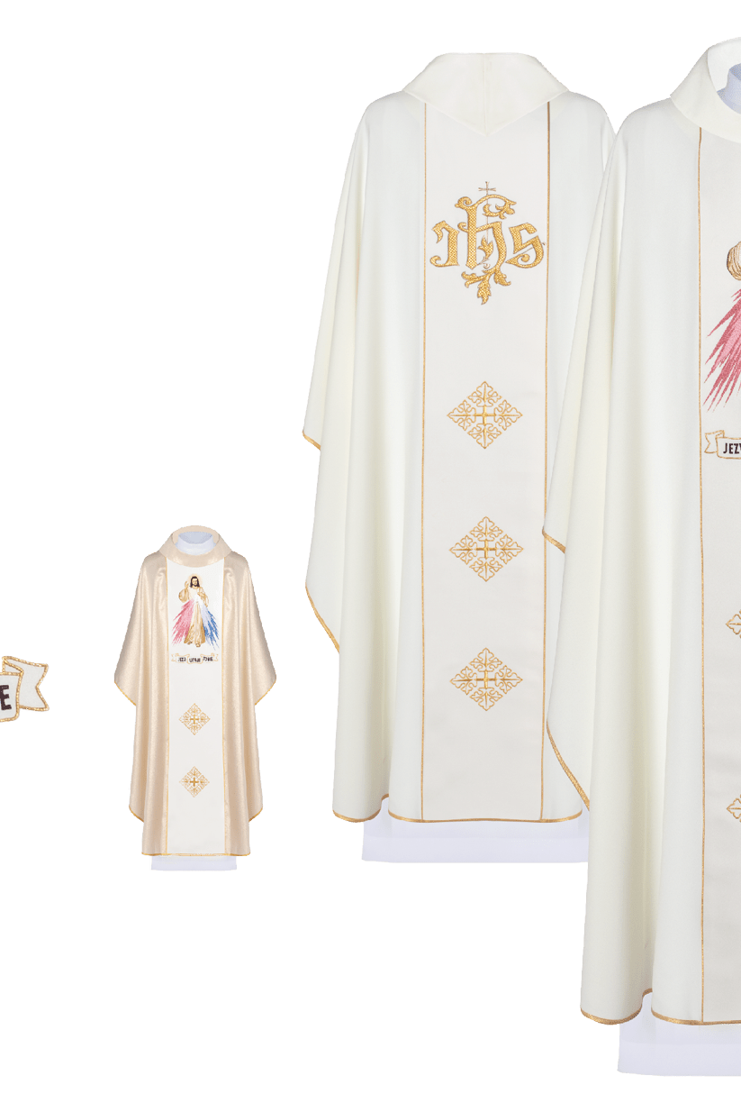 Chasuble with embroidered Merciful Jesus and IHS symbol KOR/113/5 Ecru