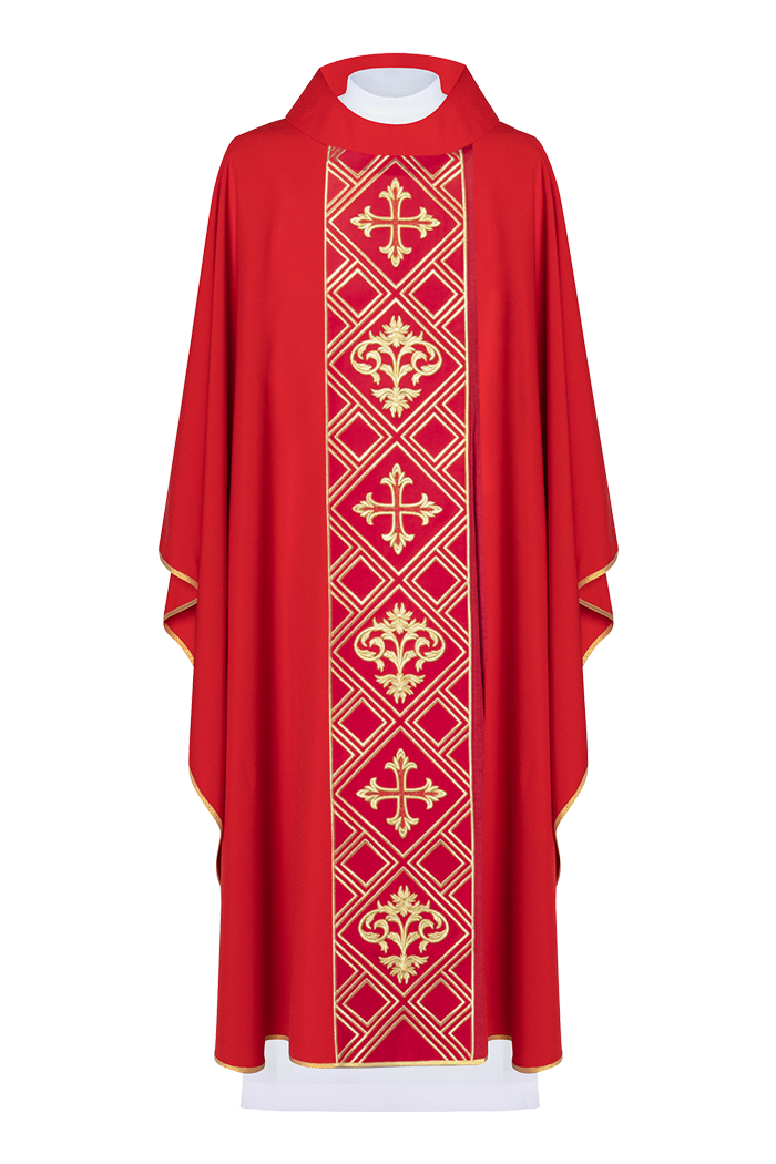 Red chasuble made of velvet texture