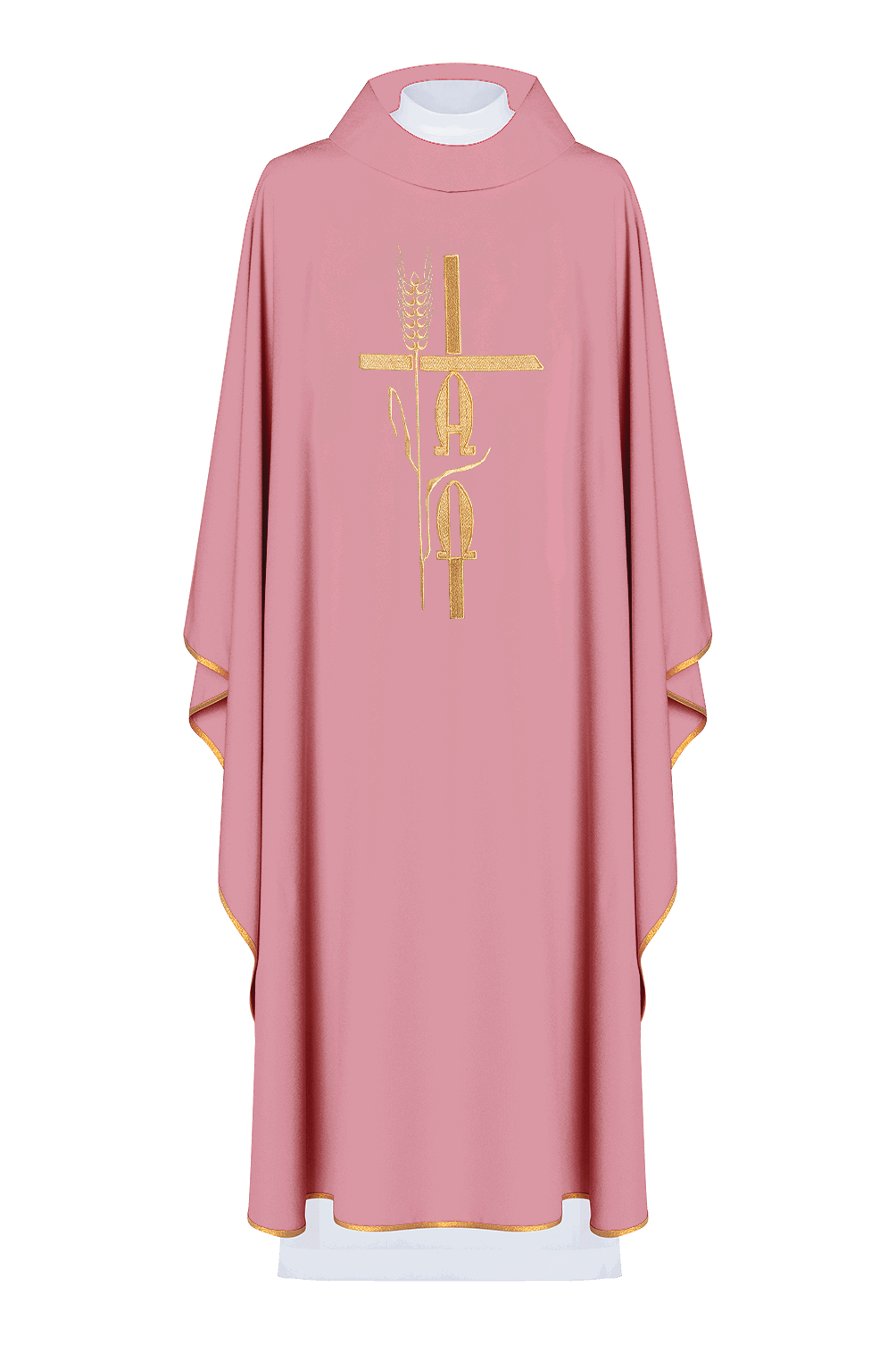 Pink chasuble with cross and alfa omega symbols