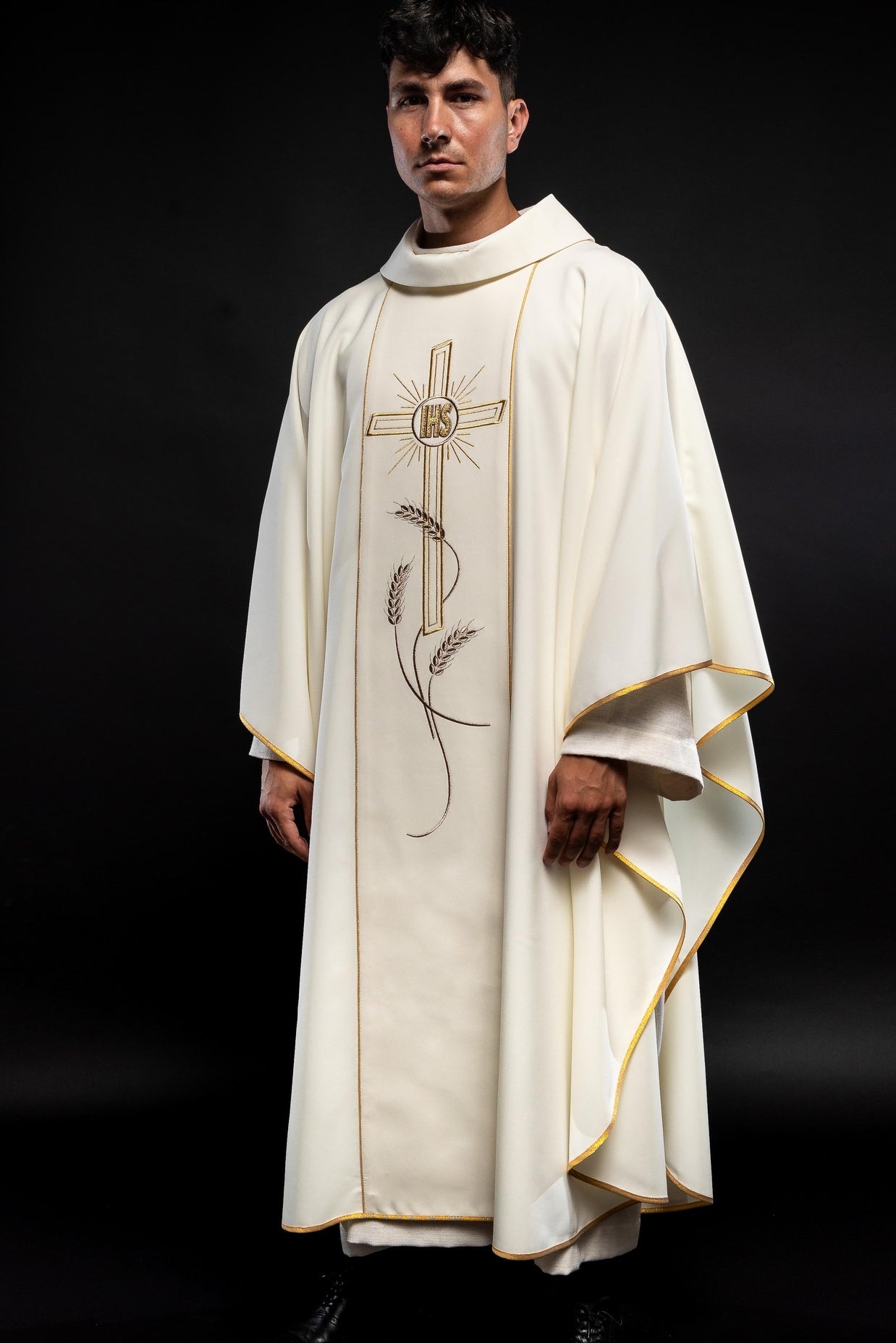 Chasuble with embroidered Cross IHS symbol in ecru