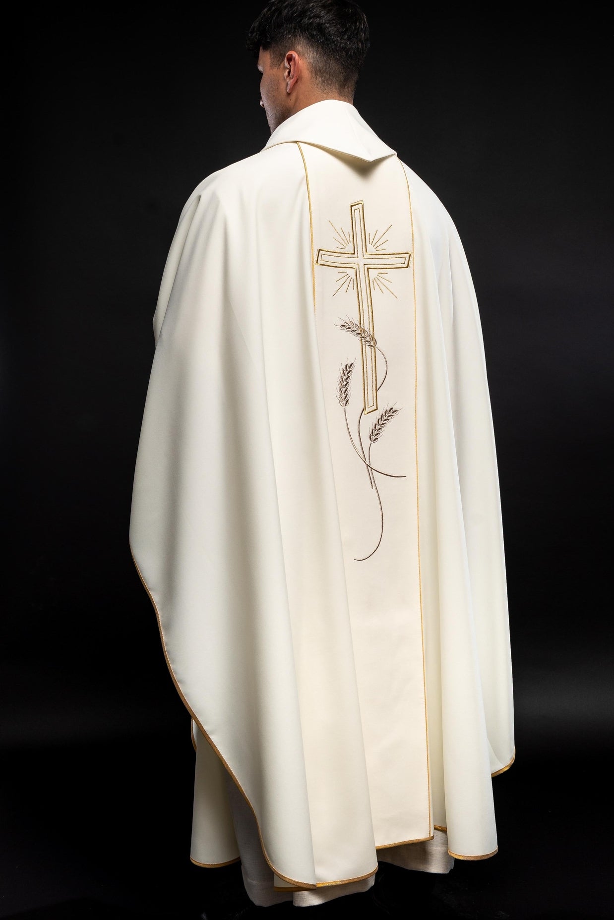 Chasuble with embroidered Cross IHS symbol in ecru