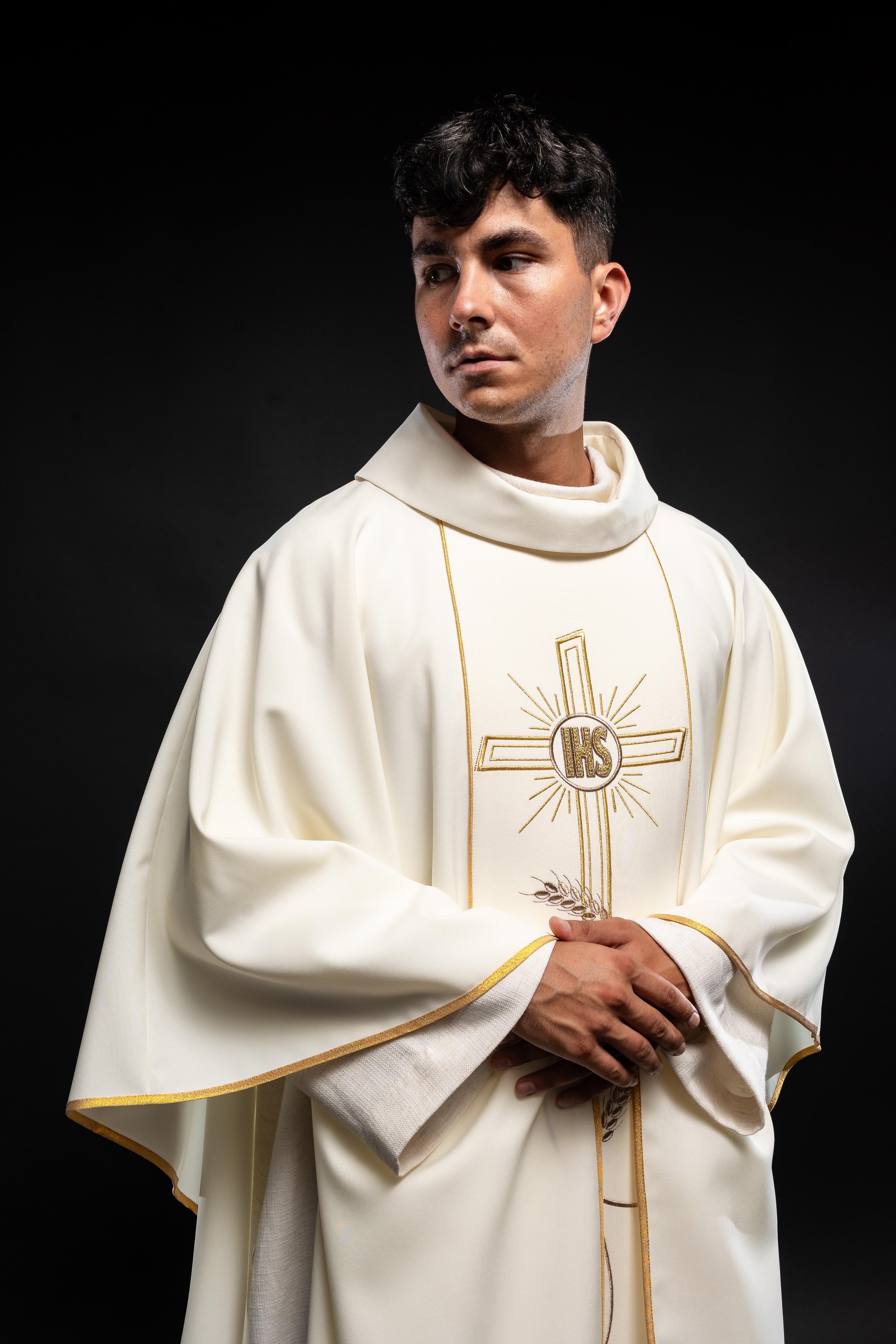 Chasuble with embroidered Cross IHS symbol in ecru