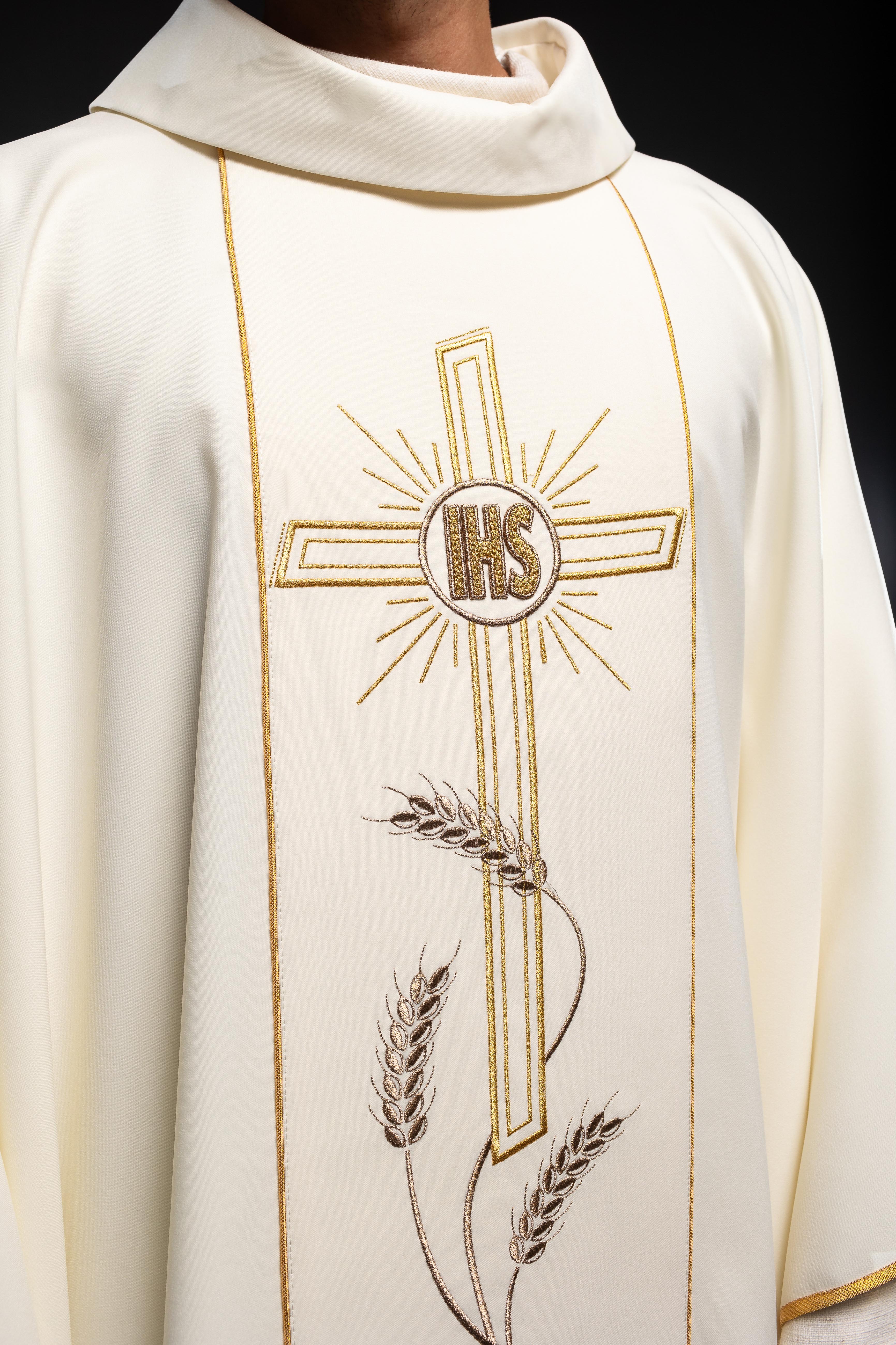 Chasuble with embroidered Cross IHS symbol in ecru