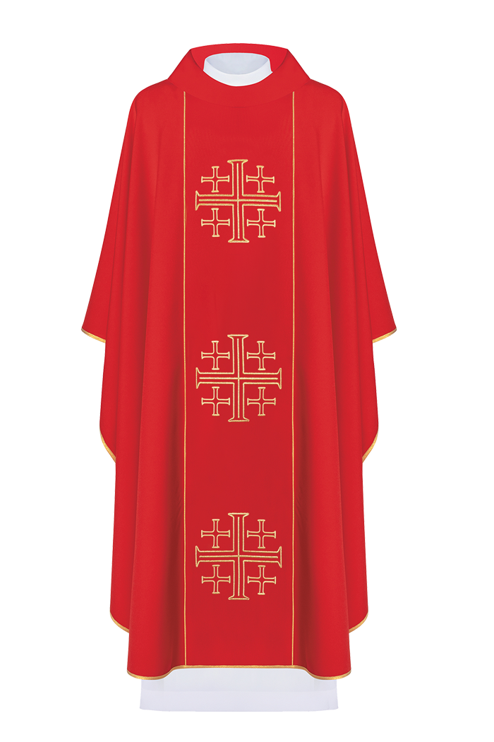 Chasuble embroidered with Jerusalem Crosses in red