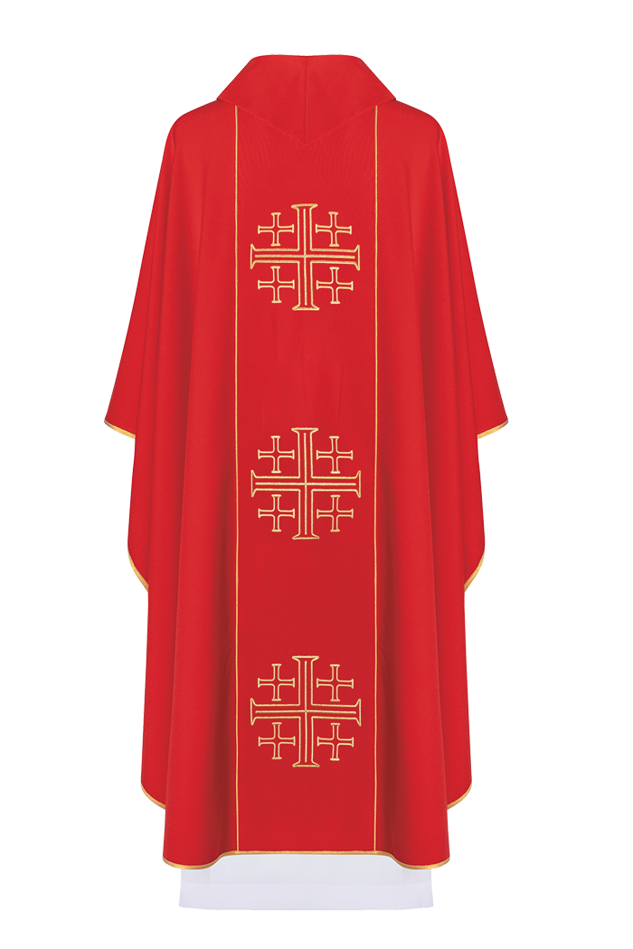 Chasuble embroidered with Jerusalem Crosses in red