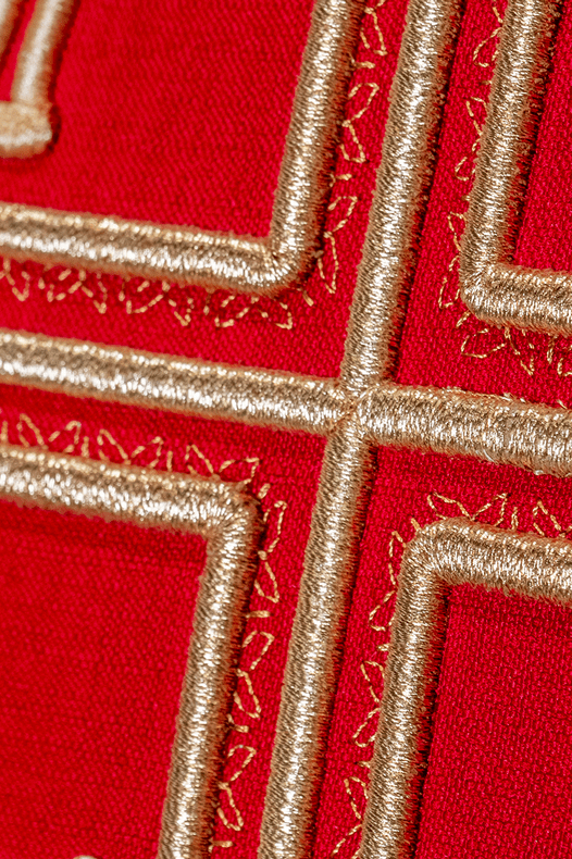 Chasuble embroidered with Jerusalem Crosses in red