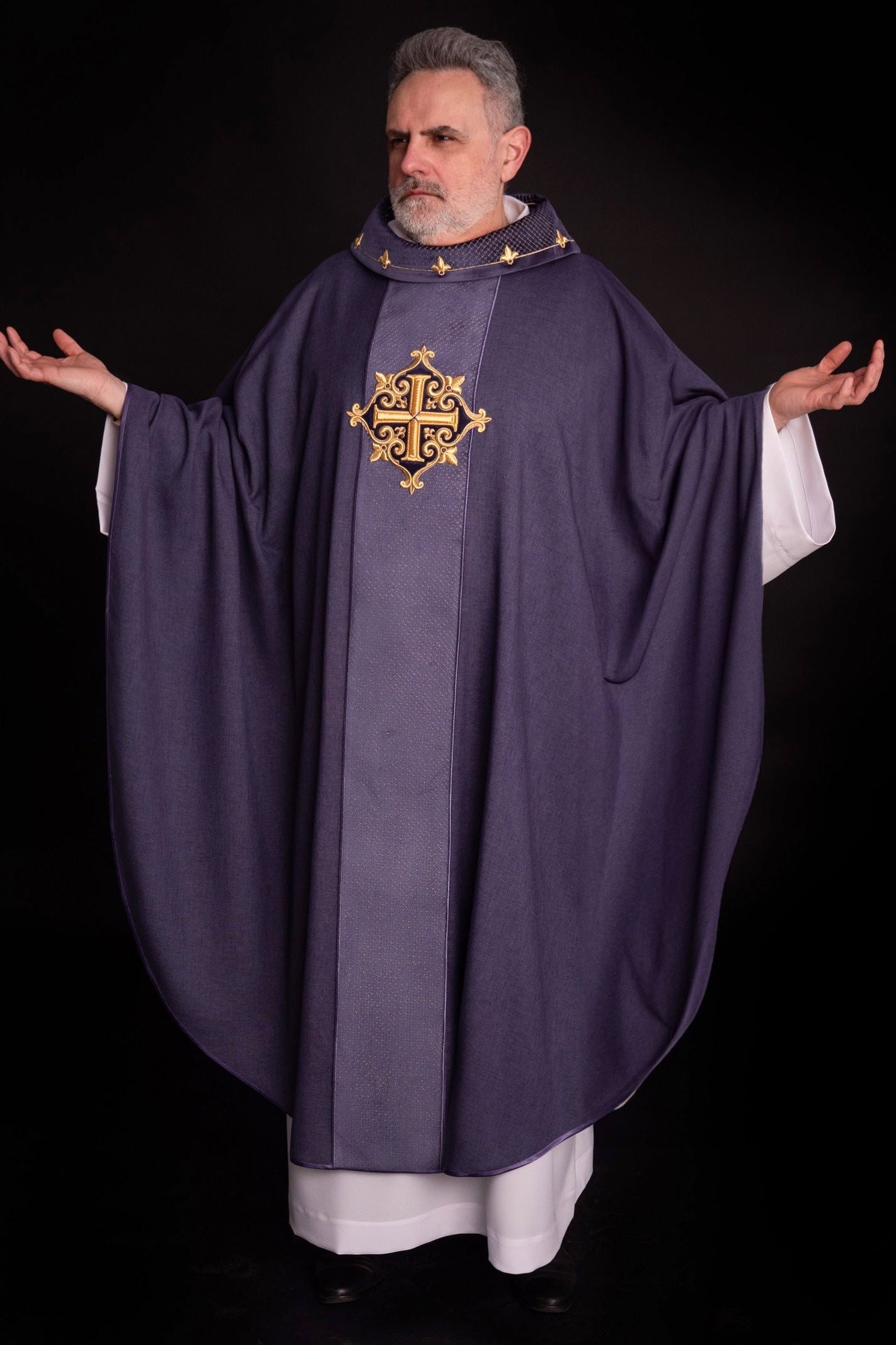 Purple Chasuble with Embroidered Cross Symbol