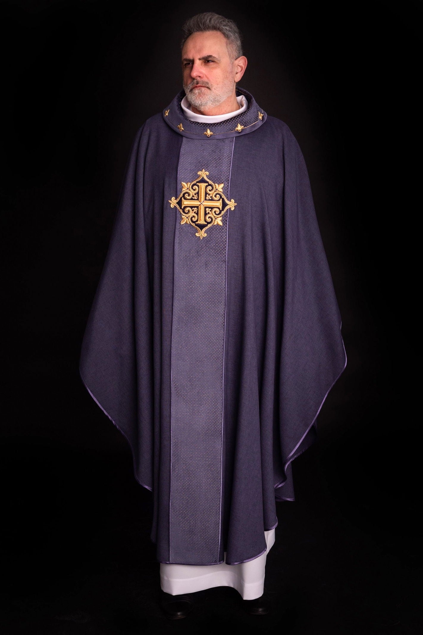 Purple Chasuble with Embroidered Cross Symbol