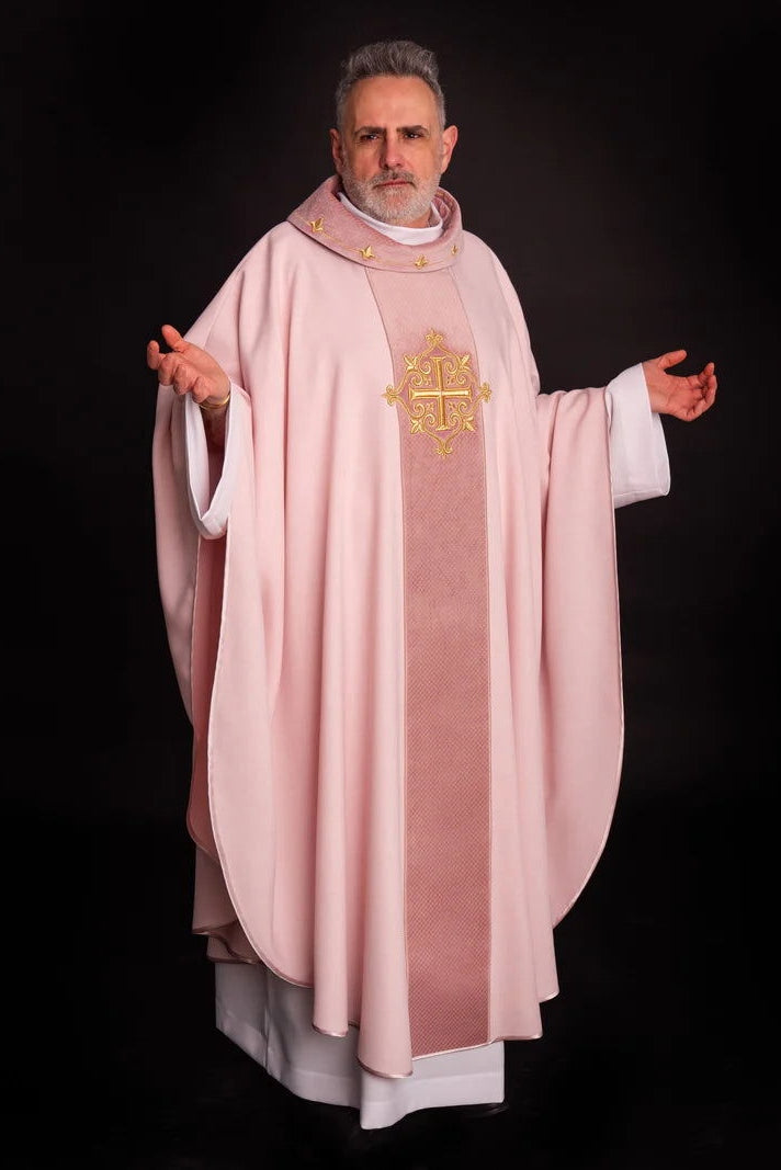 Pink Chasuble with Embroidered Cross Symbol - HAFTINAUSA.COM