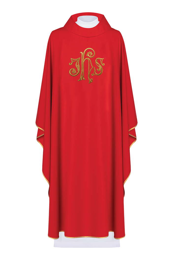 Chasuble embroidered with IHS and grape symbols in red