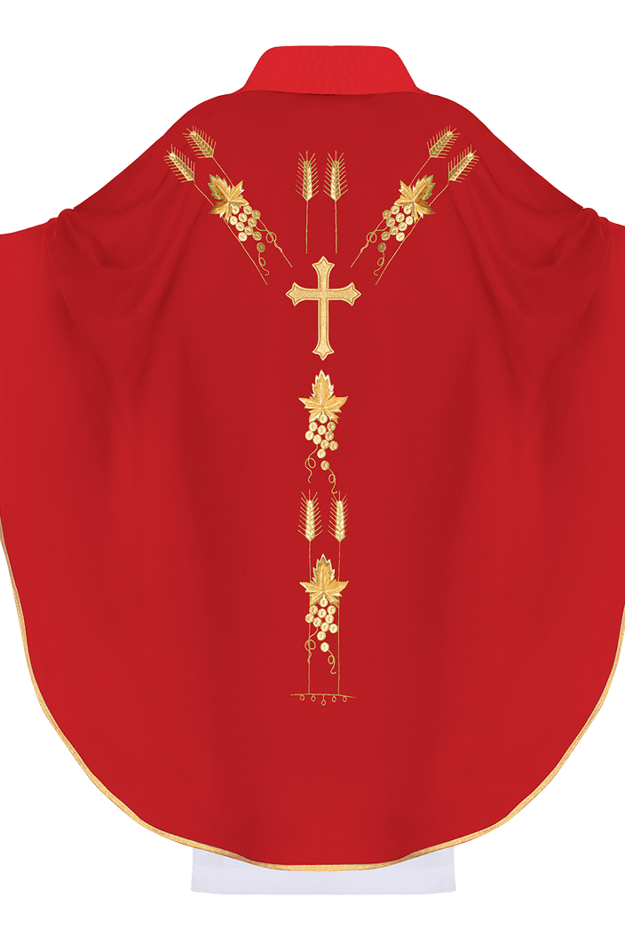 Chasuble embroidered with IHS and grape symbols in red