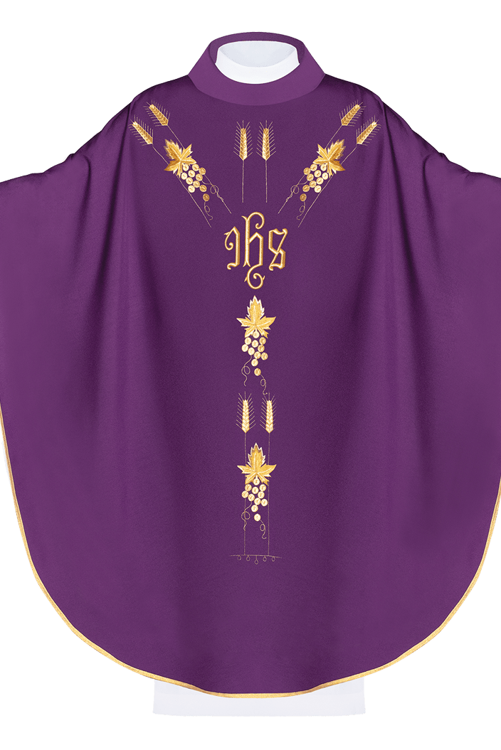 Chasuble embroidered with IHS and grape symbols in purple