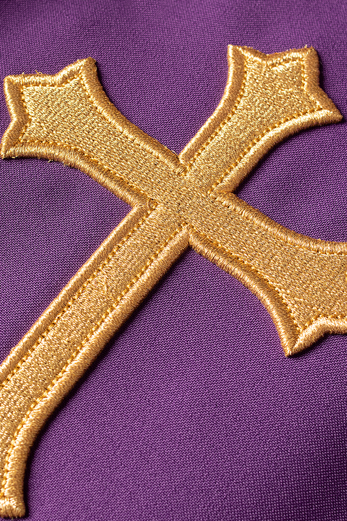 Chasuble embroidered with IHS and grape symbols in purple