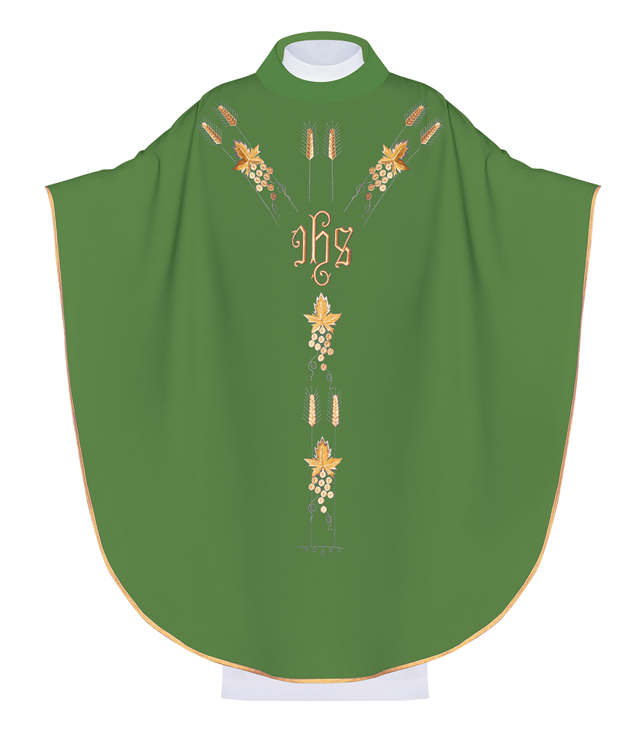 Chasuble embroidered with IHS and grape symbols in green