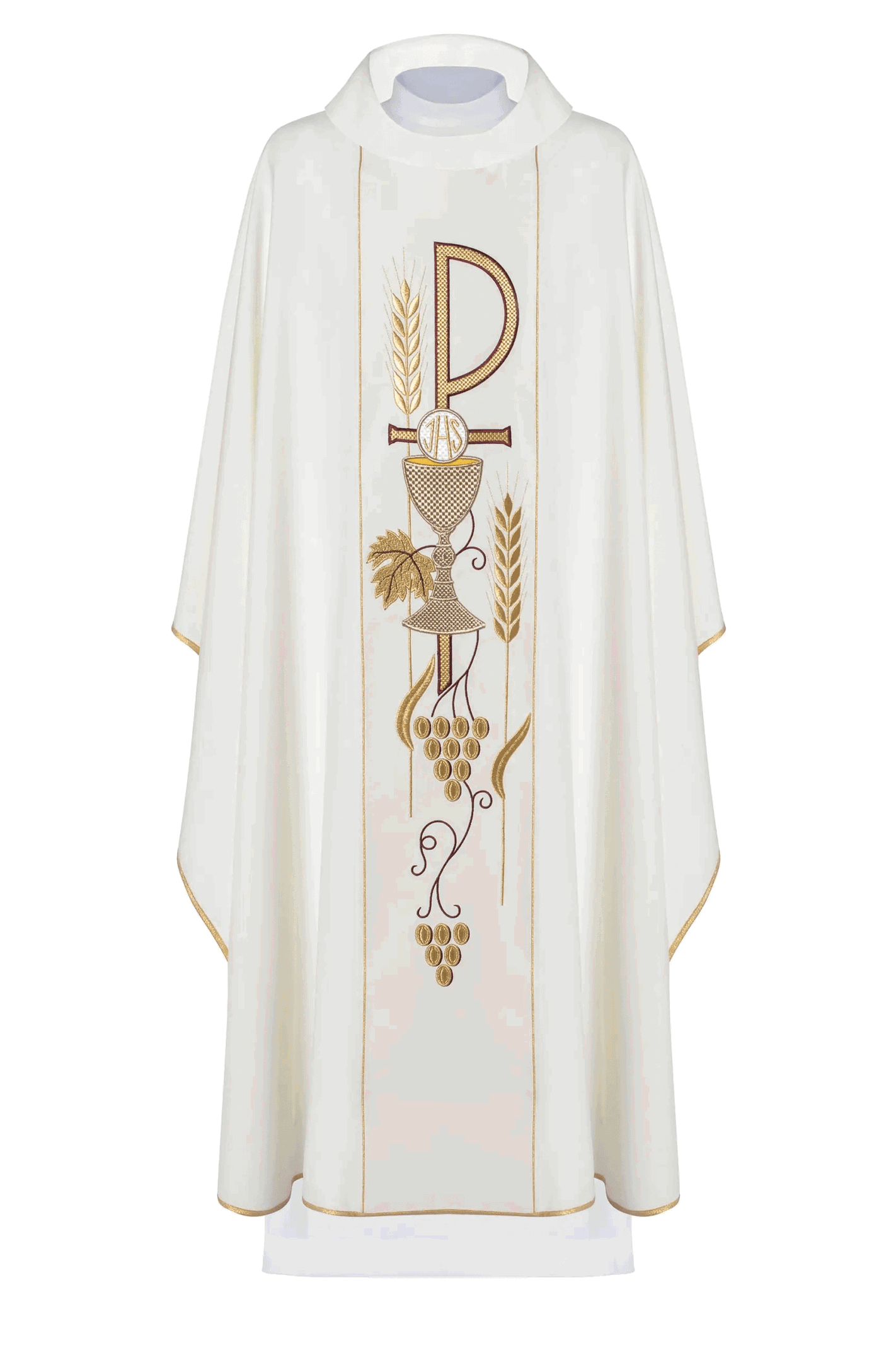 Chasuble embroidered with IHS Chalice pattern in ecru