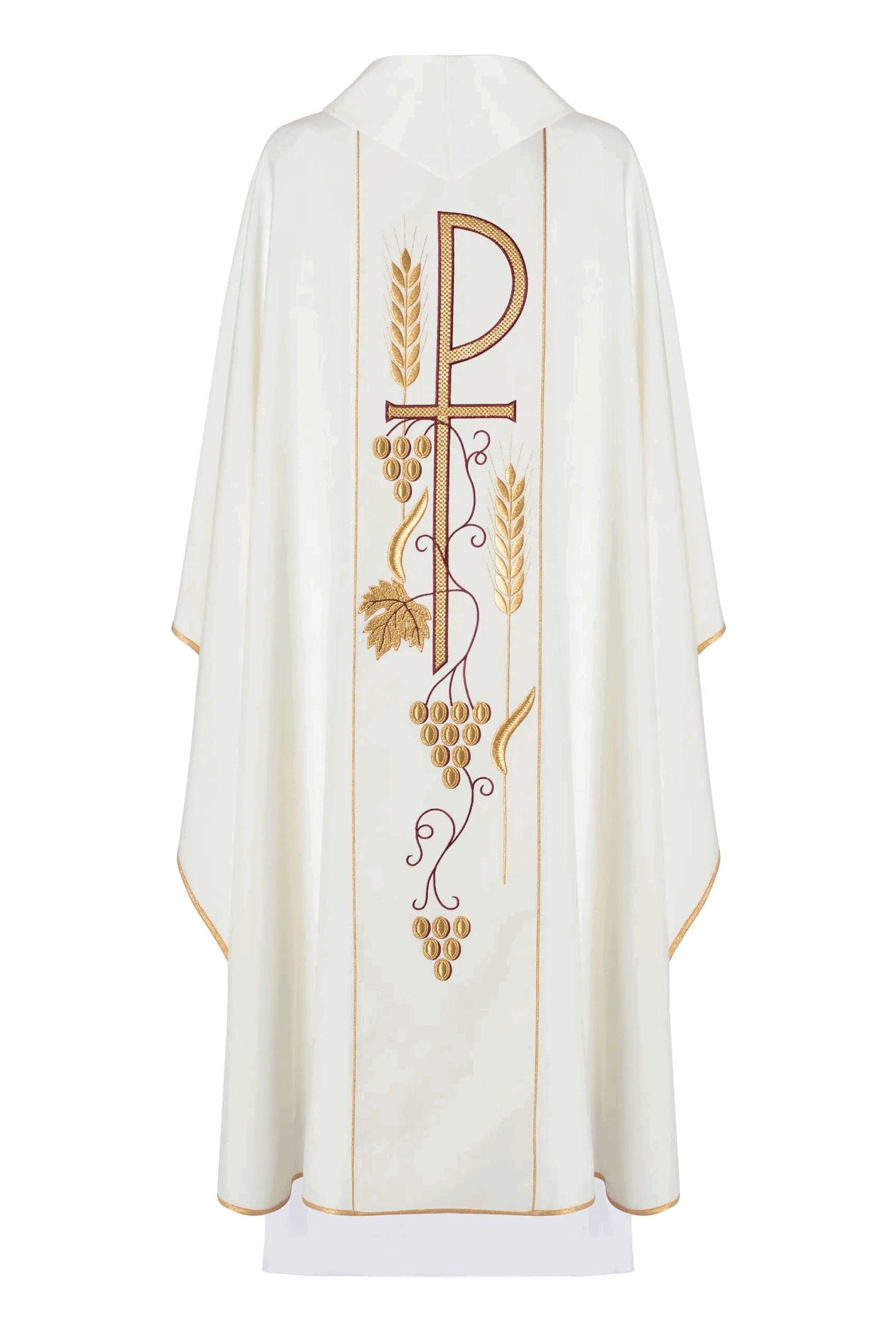 Chasuble embroidered with IHS Chalice pattern in ecru