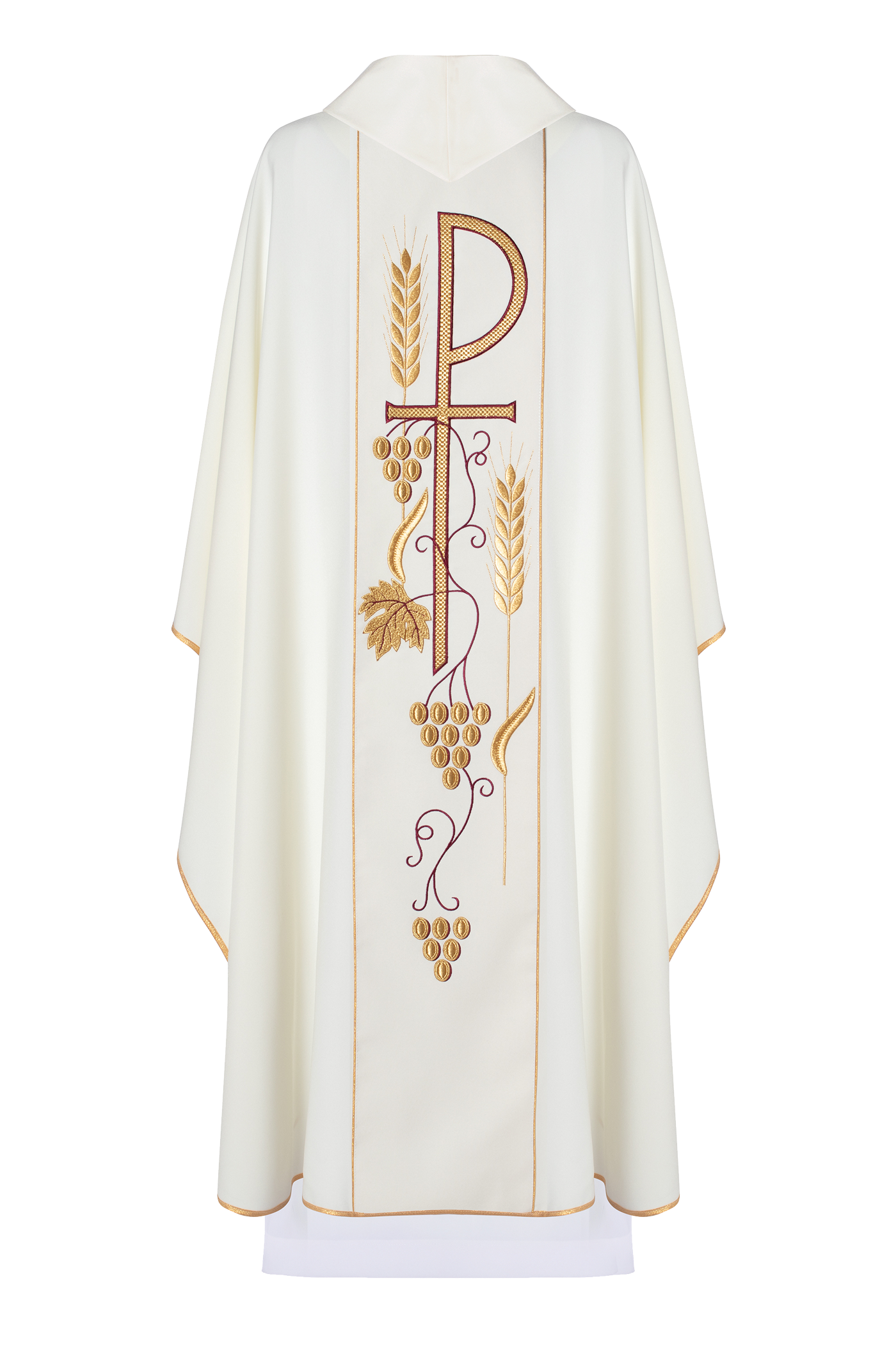 Chasuble embroidered with IHS Chalice pattern in ecru