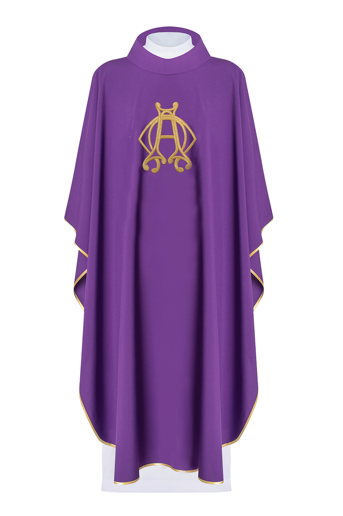 Purple chasuble with Alfa and Omega embroidery