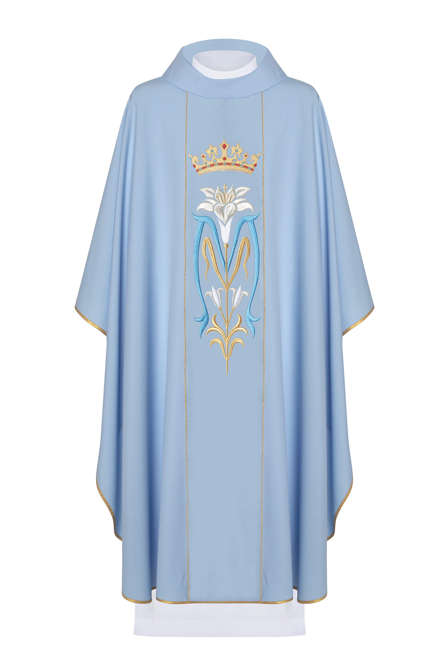 Blue liturgical Marian chasuble embroidered with a crown