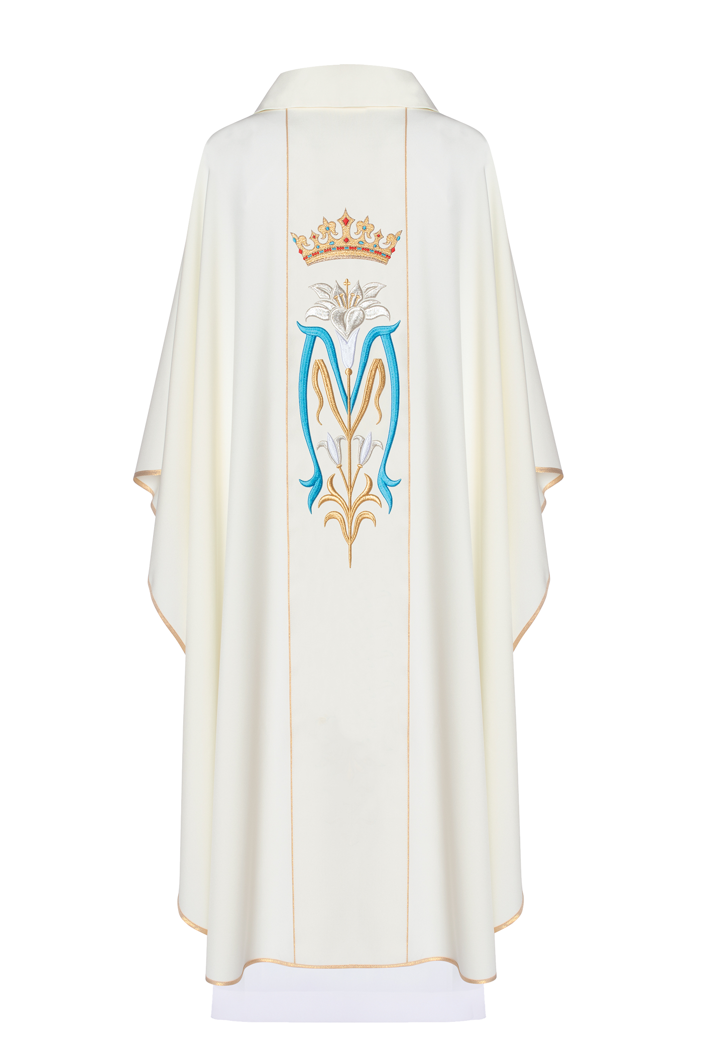 Ecru liturgical Marian chasuble embroidered with a crown