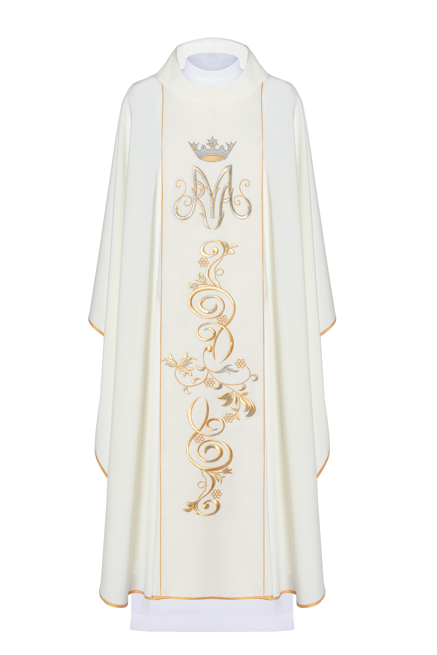 Marian liturgical chasuble with an embroidered belt in ecru