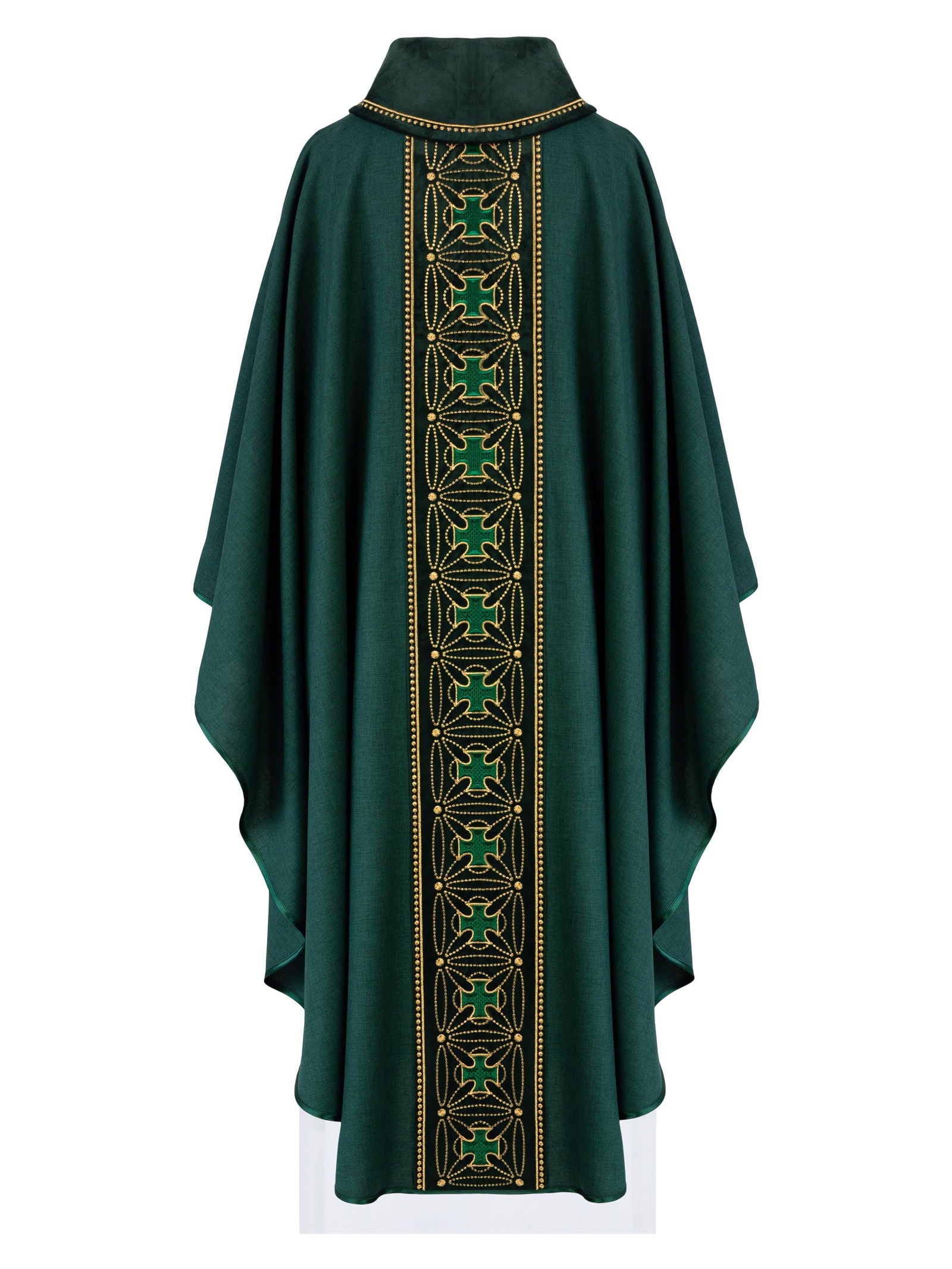 Liturgical chasuble with richly decorated belt with crosses in green color