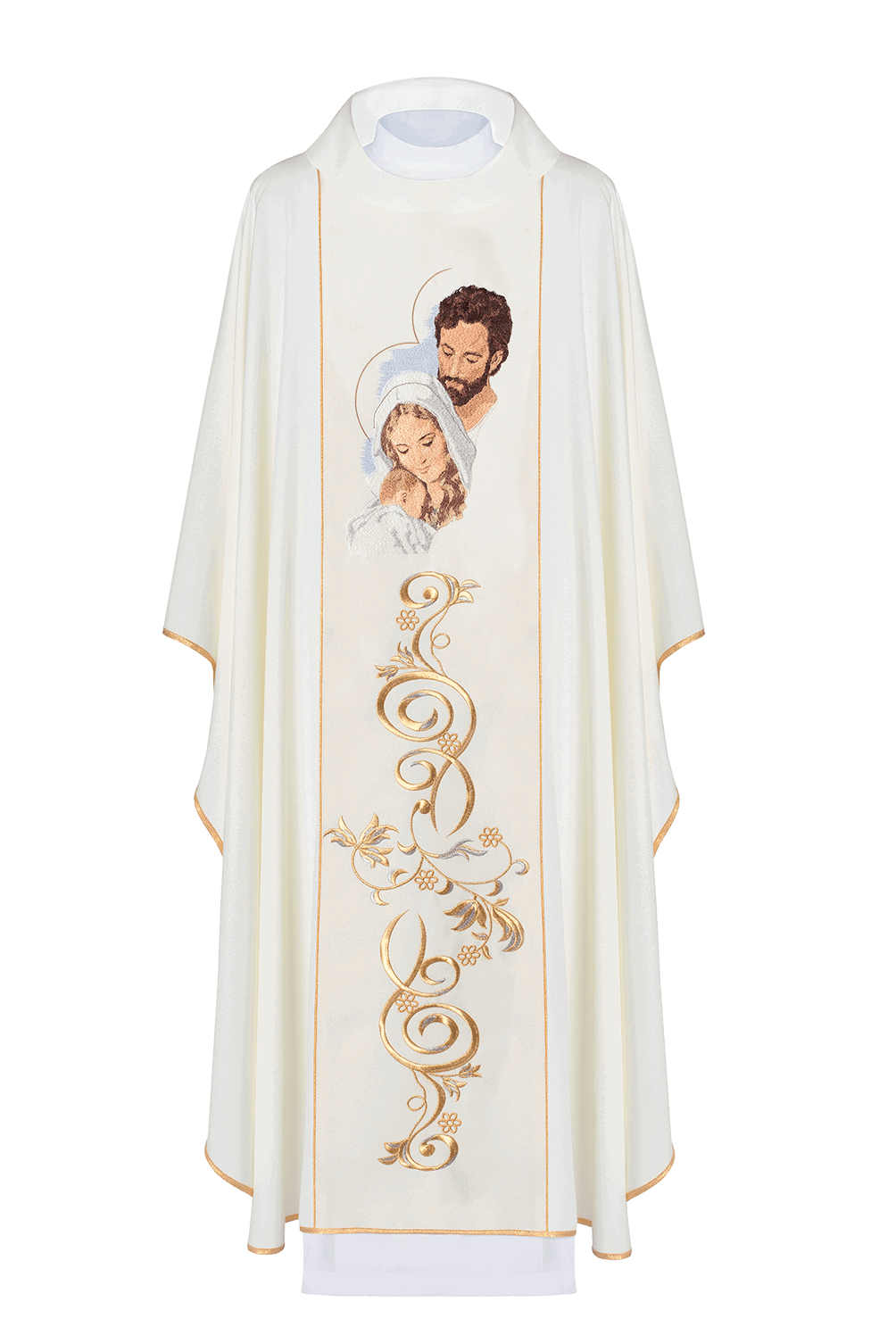 Chasuble richly embroidered with an image of the Holy Family in ecru