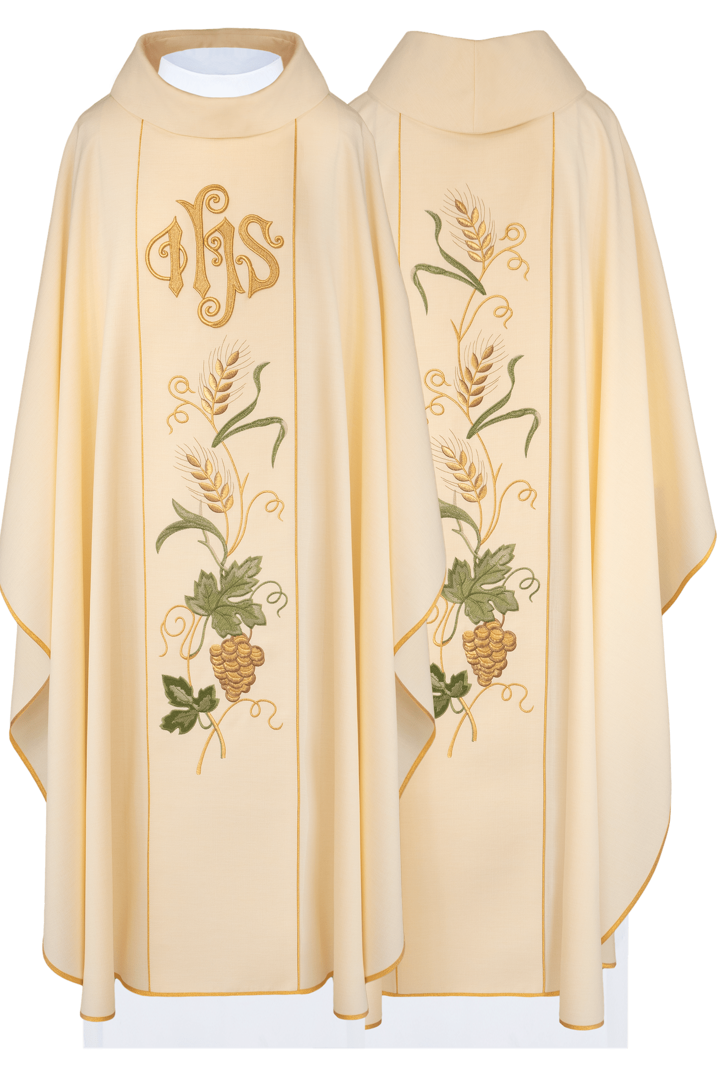 Ecru chasuble with IHS and grapes embroidery