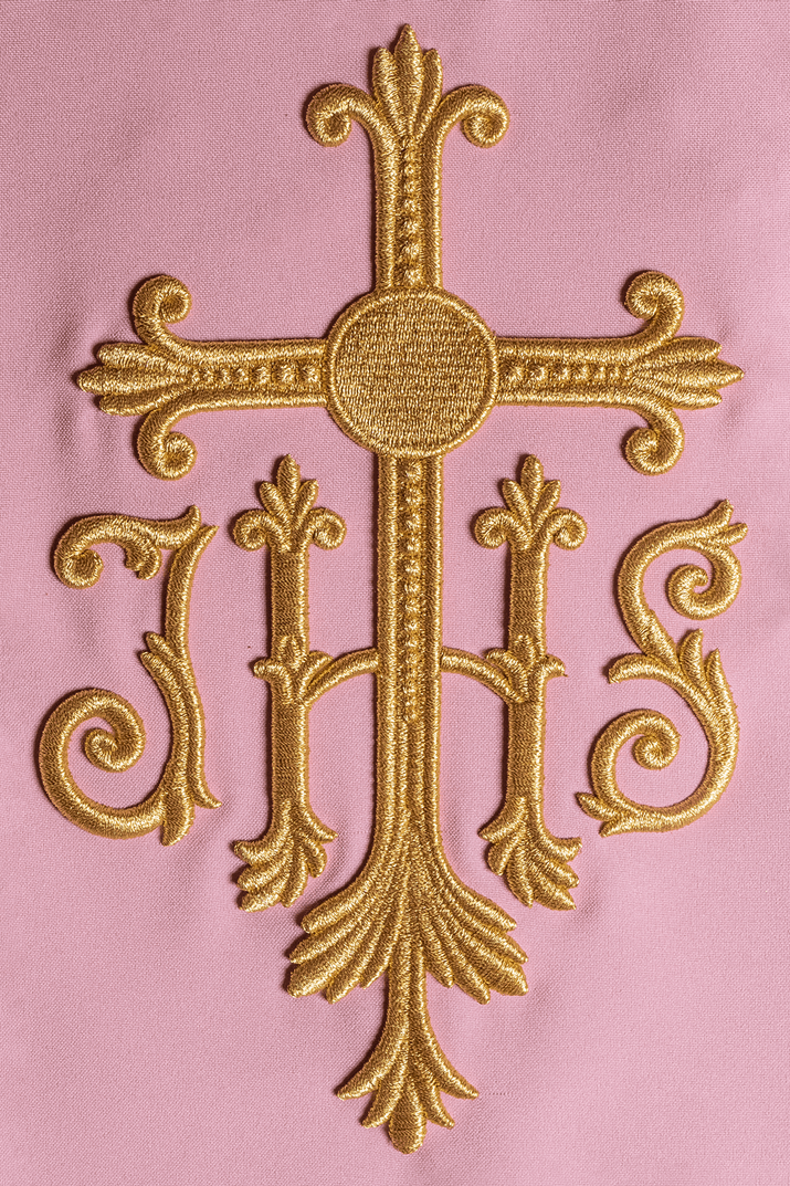 Chasuble embroidered with IHS symbol in pink