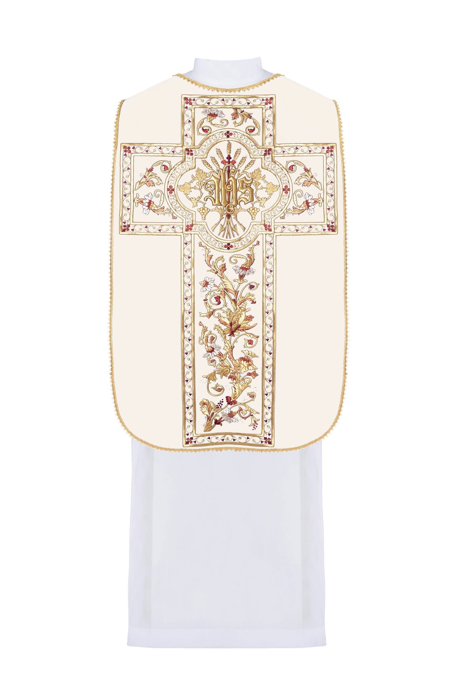 Roman ivory chasuble with classic gold JHS embroidery