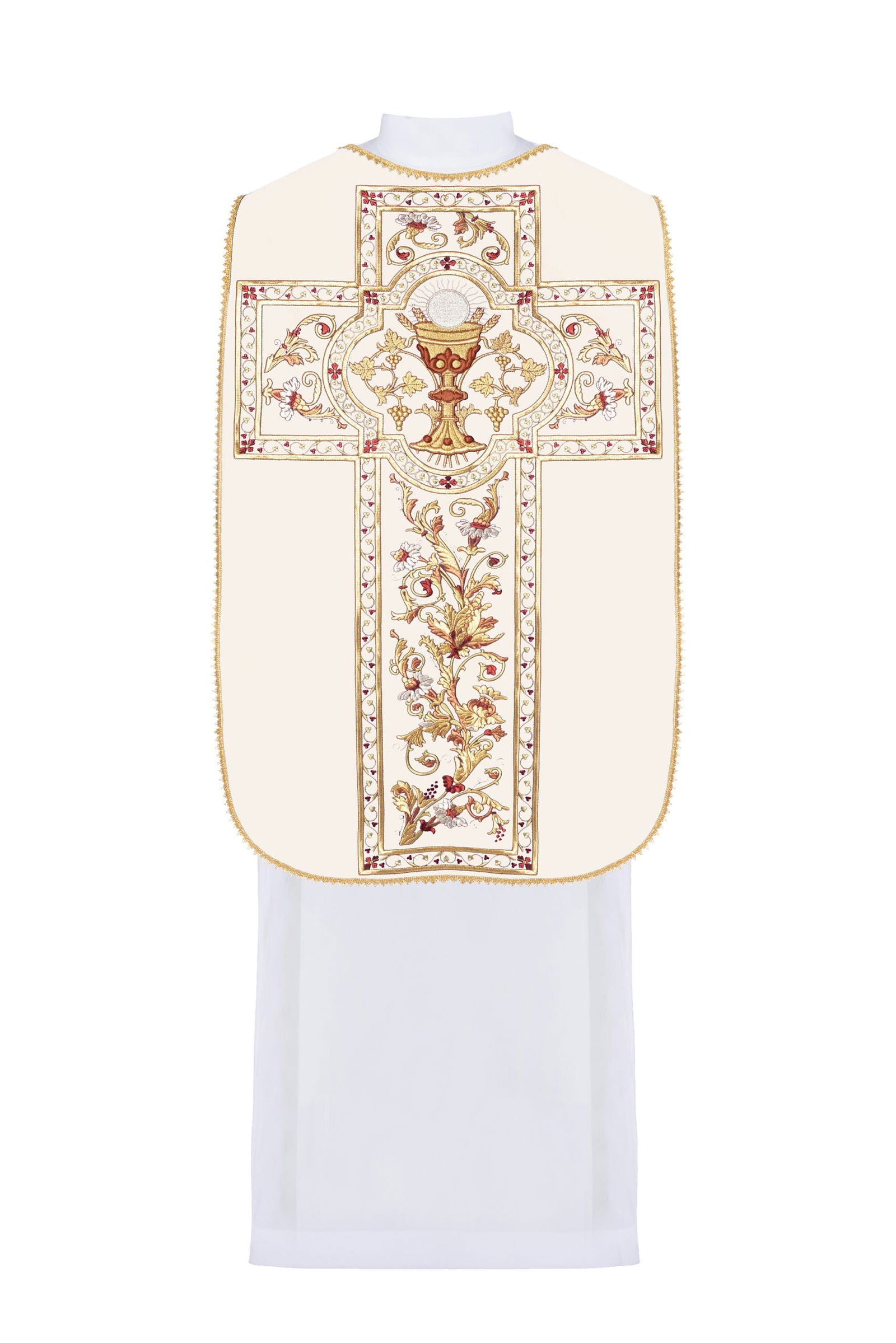 Roman chasuble in ecru with gold chalice embroidery