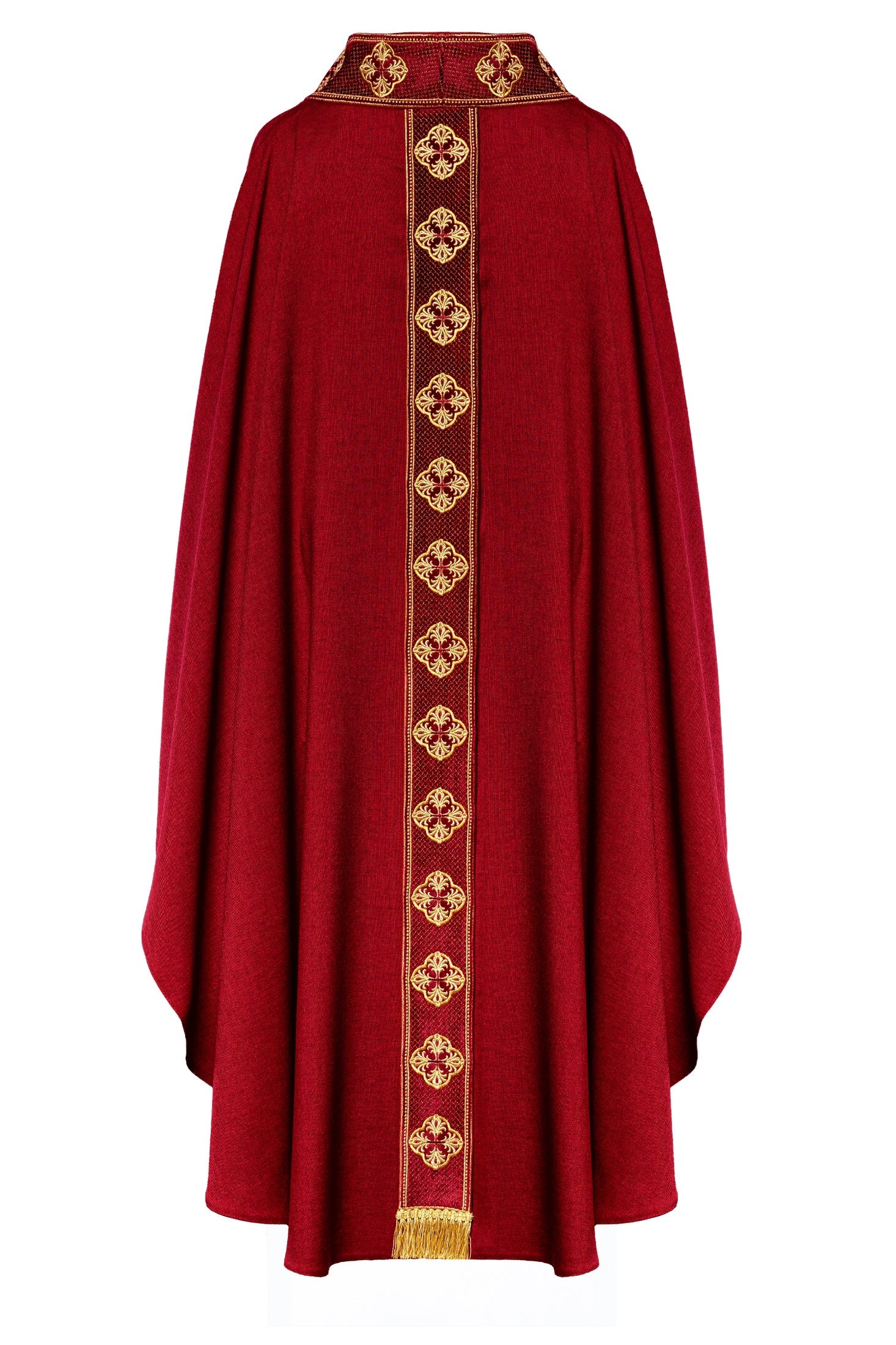 Chasuble in red with embroidered belt and crosses on the collar