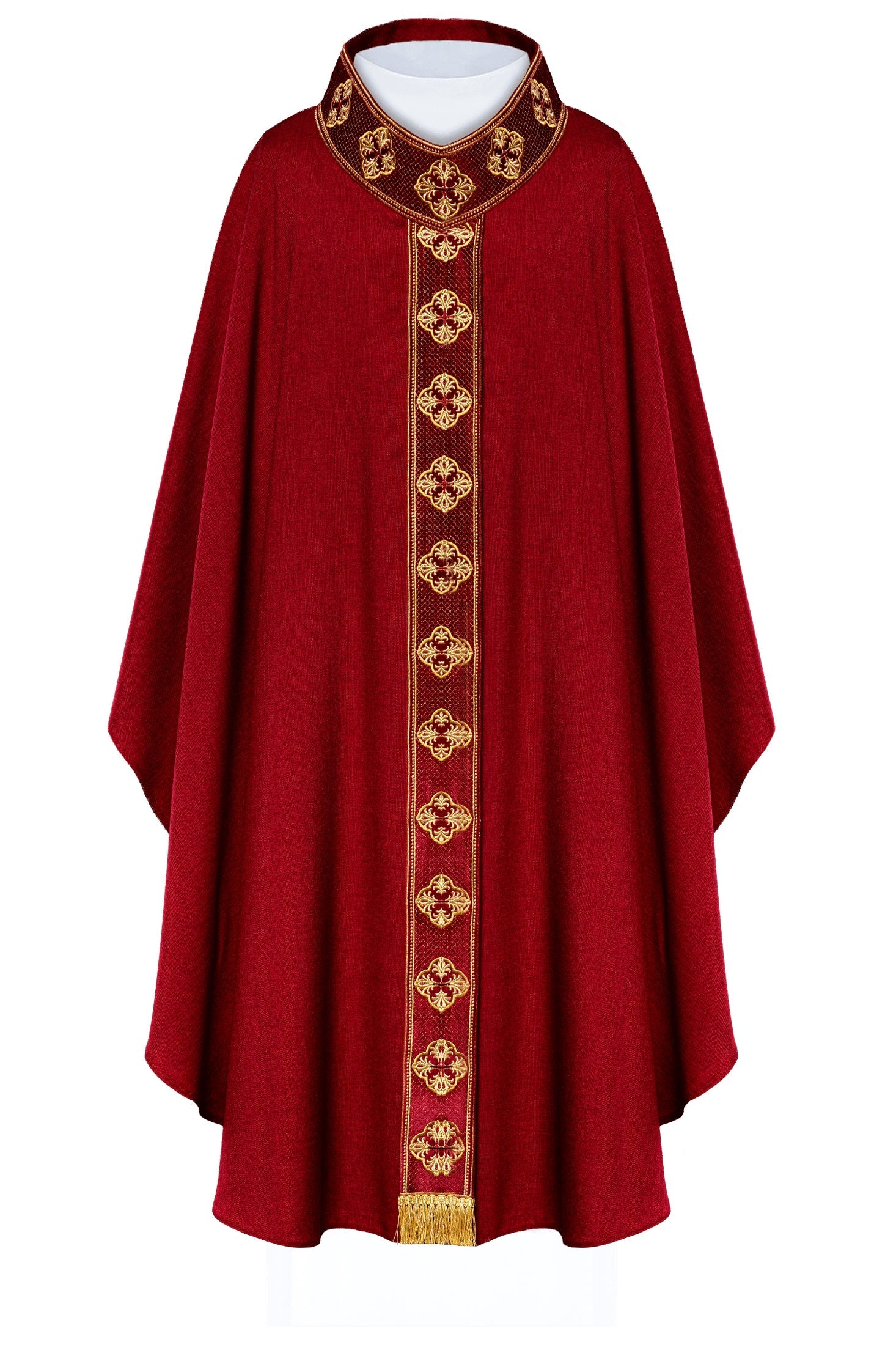 Chasuble in red with embroidered belt and crosses on the collar