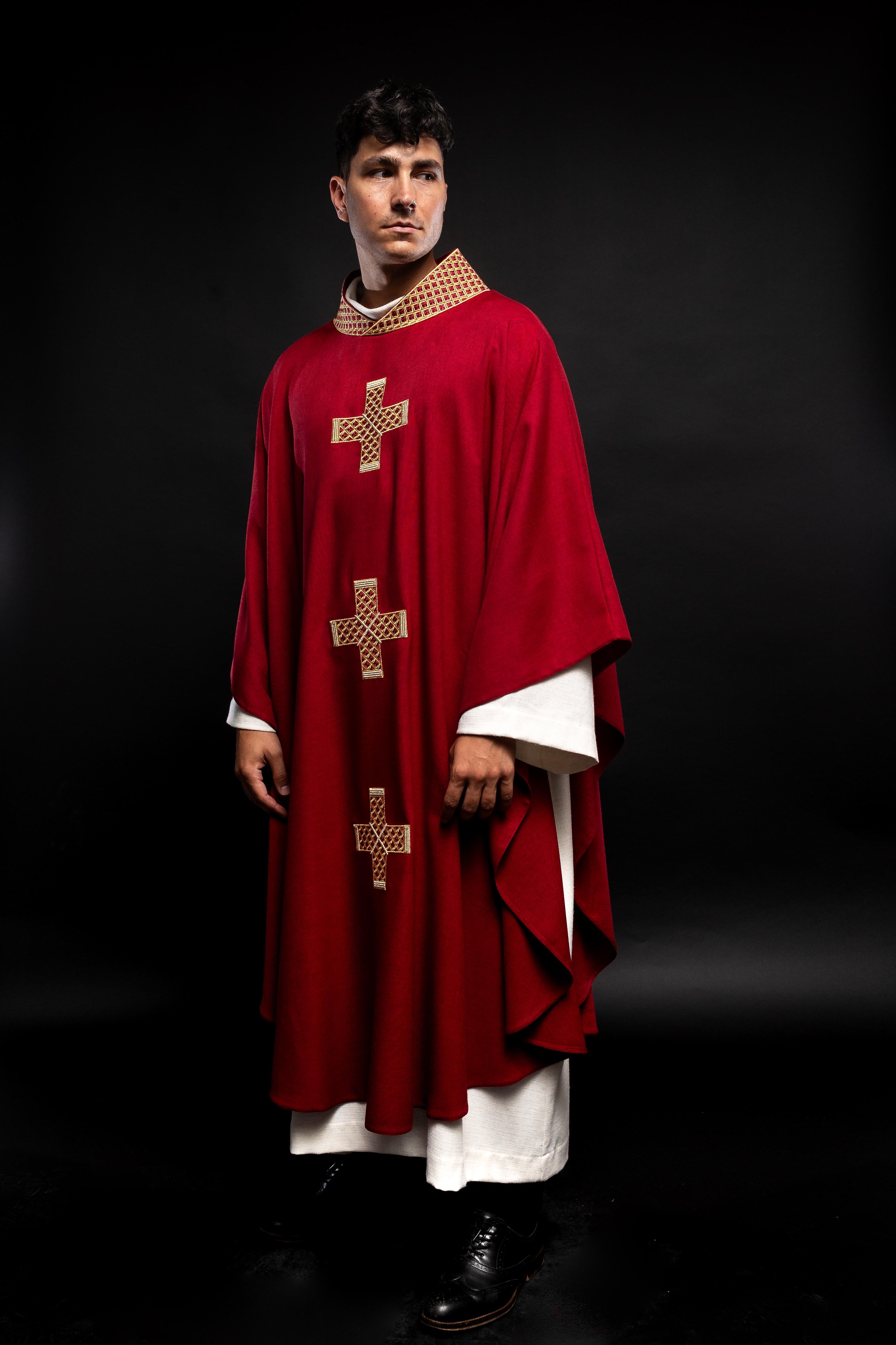 Dark red chasuble with decorative gold collar