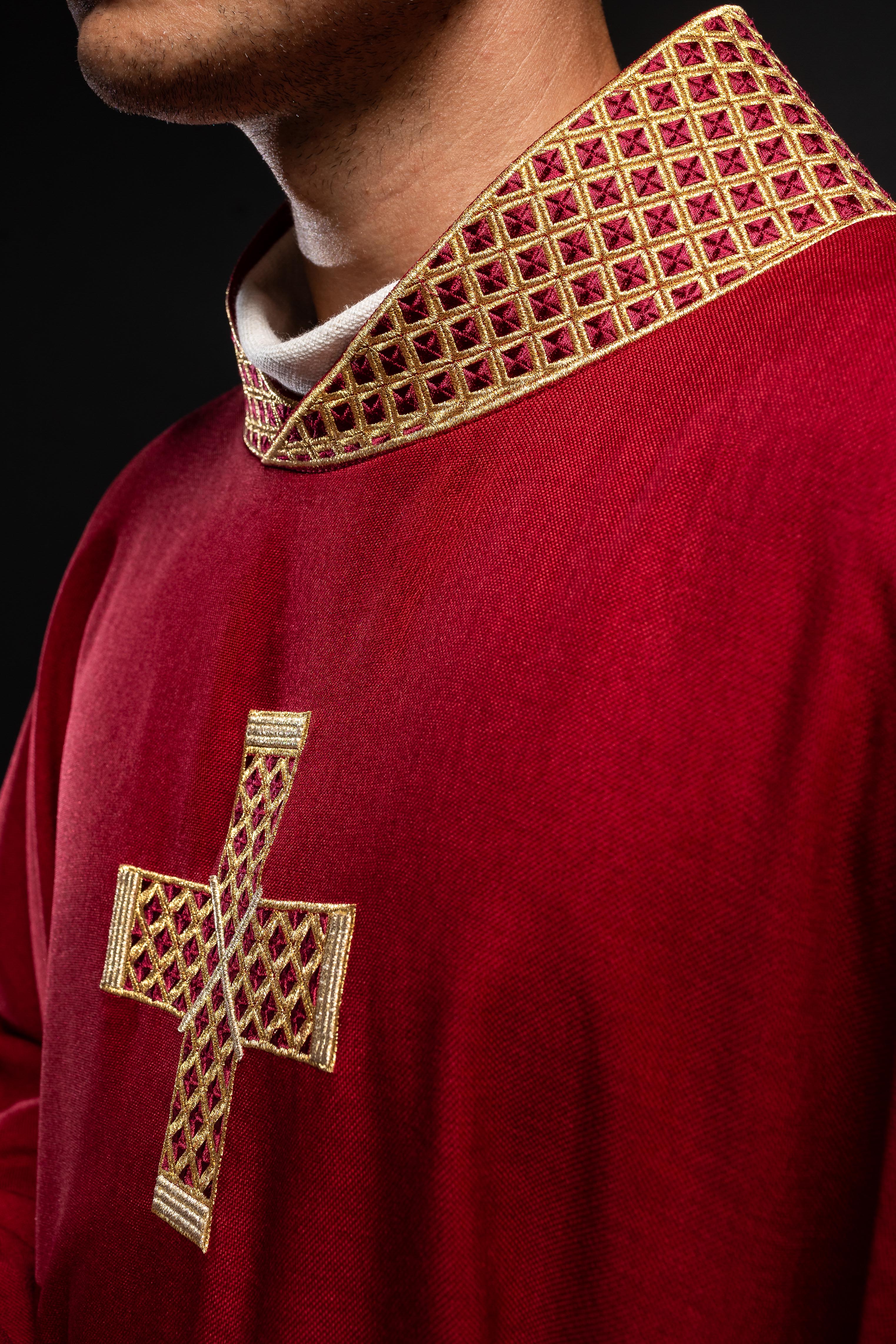 Dark red chasuble with decorative gold collar