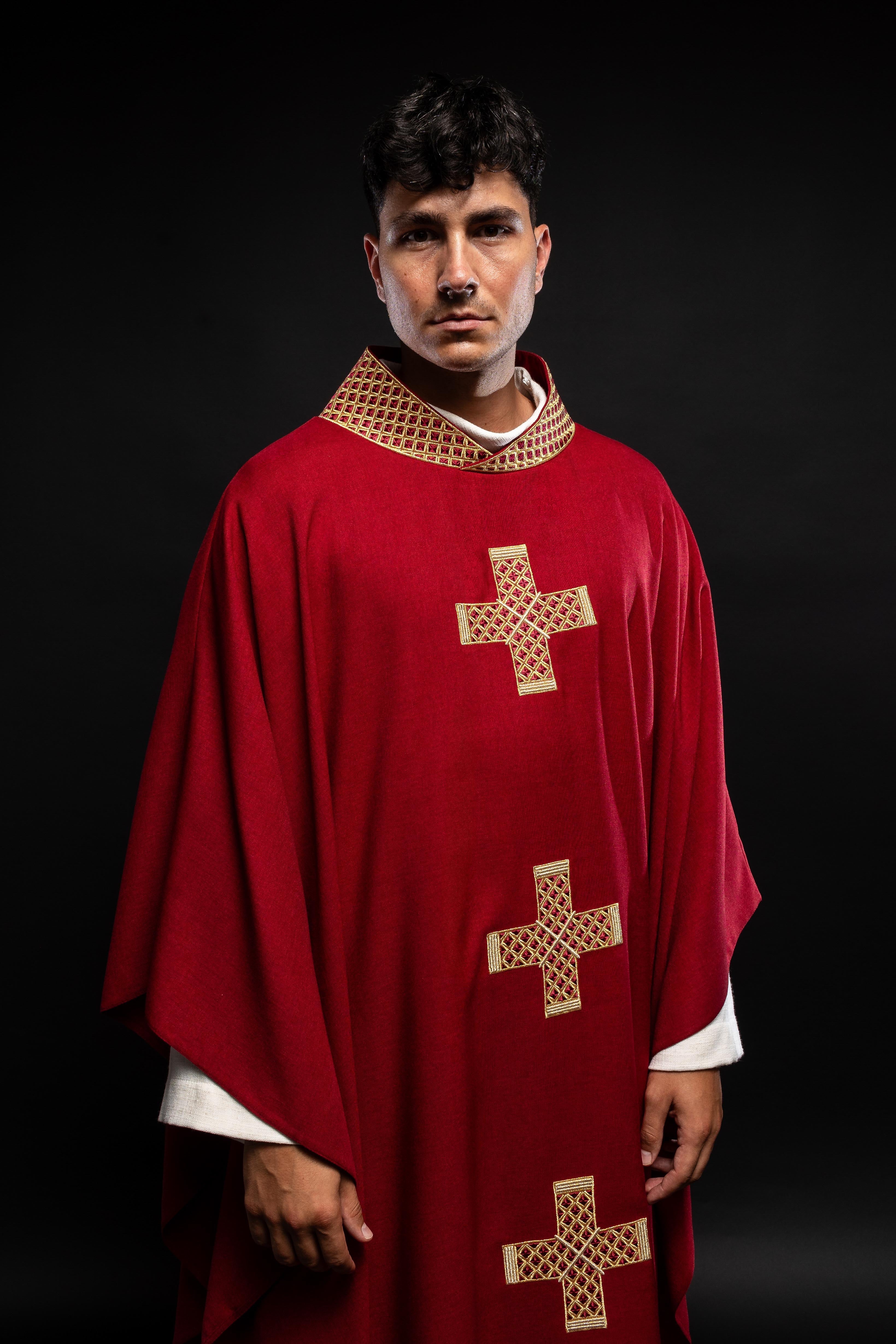 Dark red chasuble with decorative gold collar